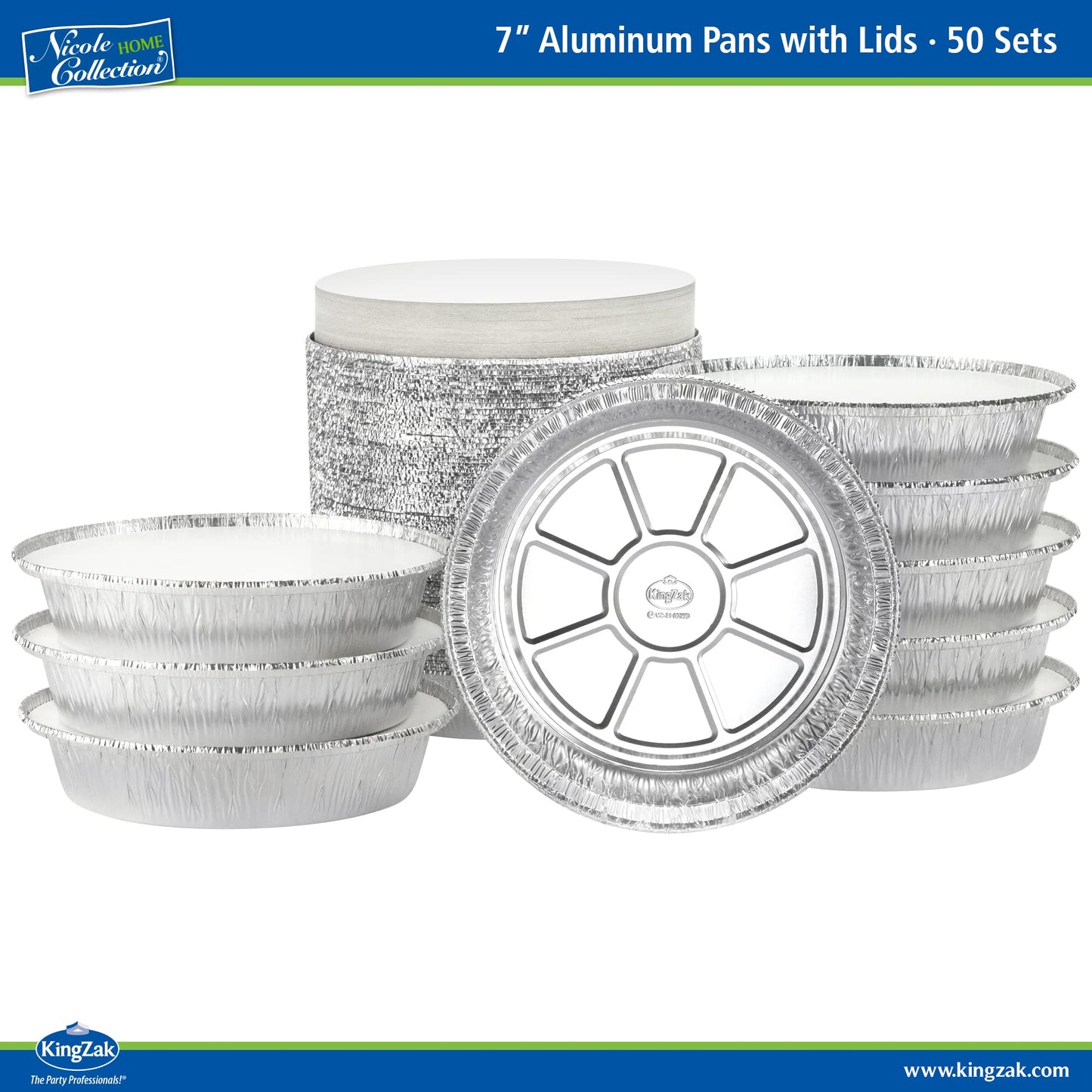 Nicole Home Collection Aluminum Pans 7” Round Disposable Foil Pans With Lids (50 Pack) – 7 Inch Round Disposable Takeout Pans With Board Lids (7" Inch Round)