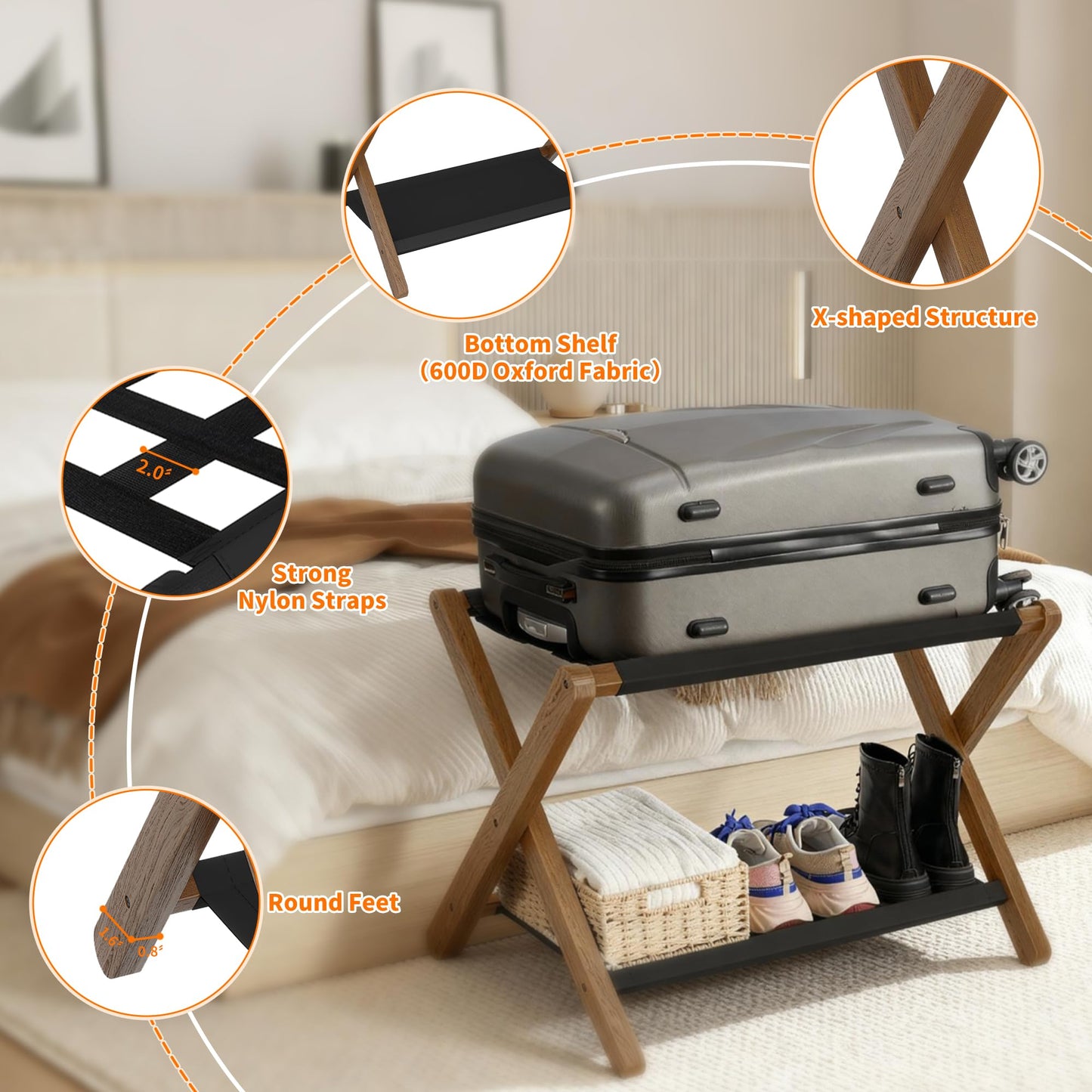 Heybly Luggage Rack, Folding Suitcase Stand with Storage Shelf, Luggage Holder with 5 Nylon Straps for Guest Room Bedroom Hotel, Walnut, HLR010WB1