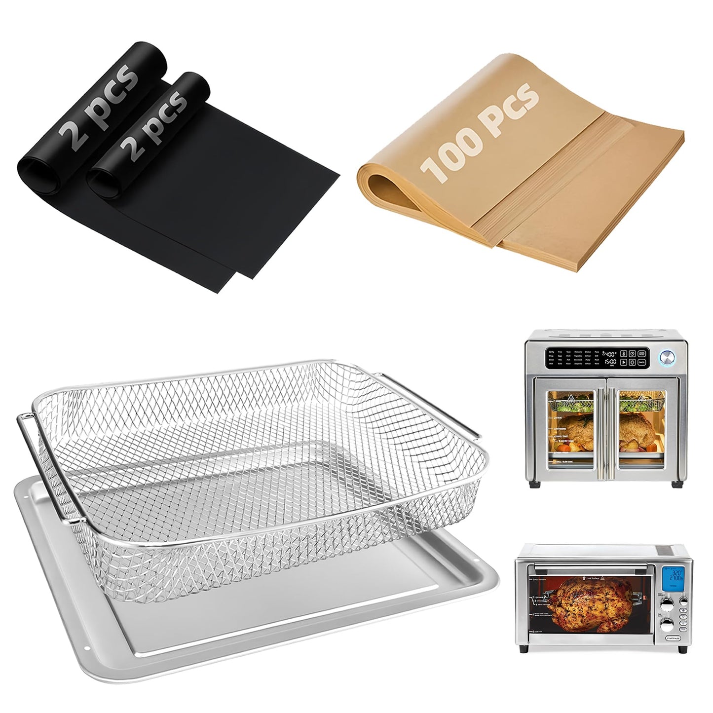 Air Fryer Accessories for Emeril Lagasse 26 Qt Extra Large & Everyday 360, Emeril Lagasse Air Fryer Basket and Pans for Oven with 100Pcs Disposable Parchment Paper, 4Pcs Reusable Teflon Mat
