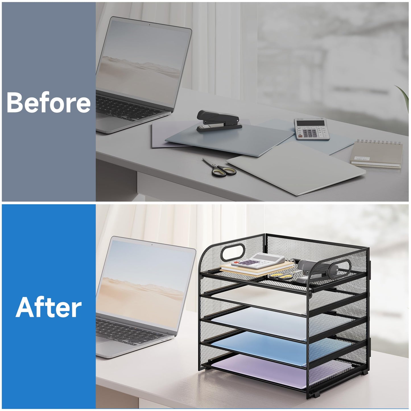 Kinkota Paper Organizer Letter Tray with Handle Mesh 5 Trays Desk File Organizer Paper Sorter Desk Organizer for Office, Home or School-Black 2 Pack
