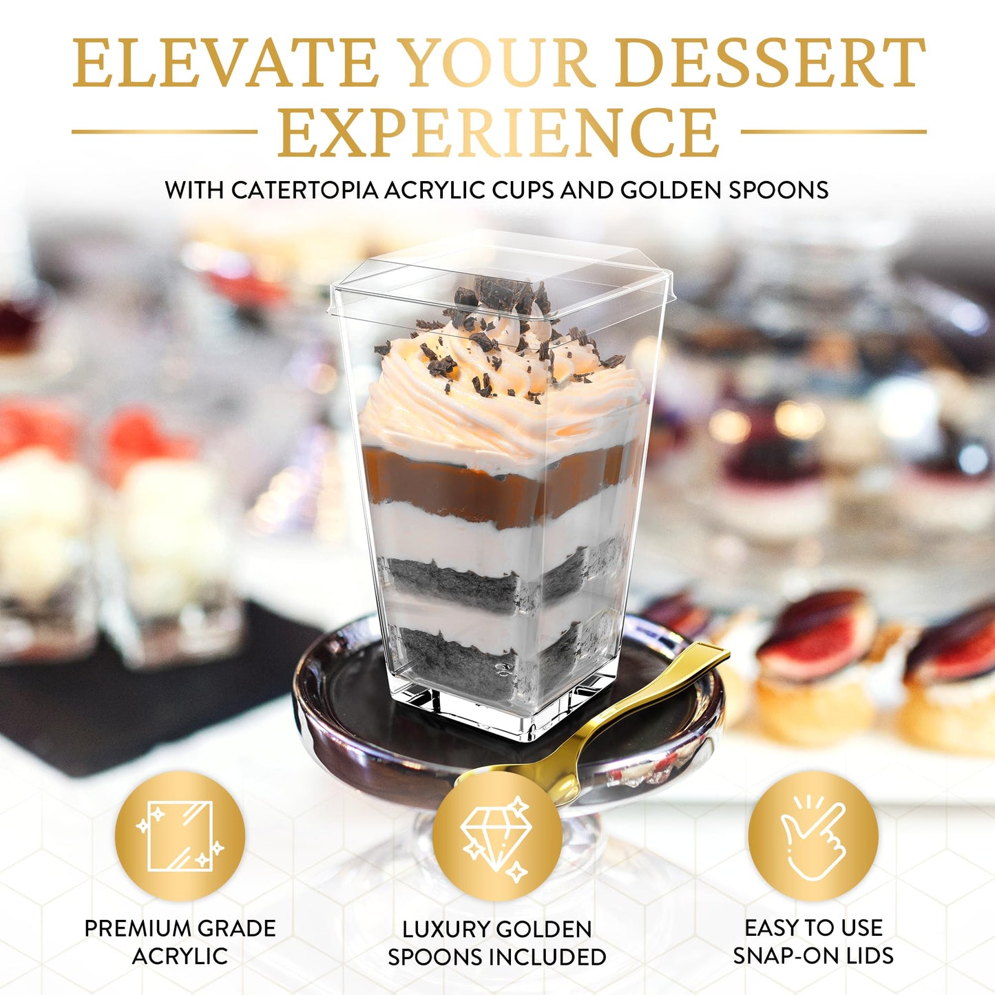 100 Pack 3 oz Mini Dessert Cups with Lids and Spoons (Gold Spoons) - Plastic Shooter Appetizer Parfait Cups with Lids Reusable - BPA Free Catering Supplies for Party - Dessert Serving Bowls