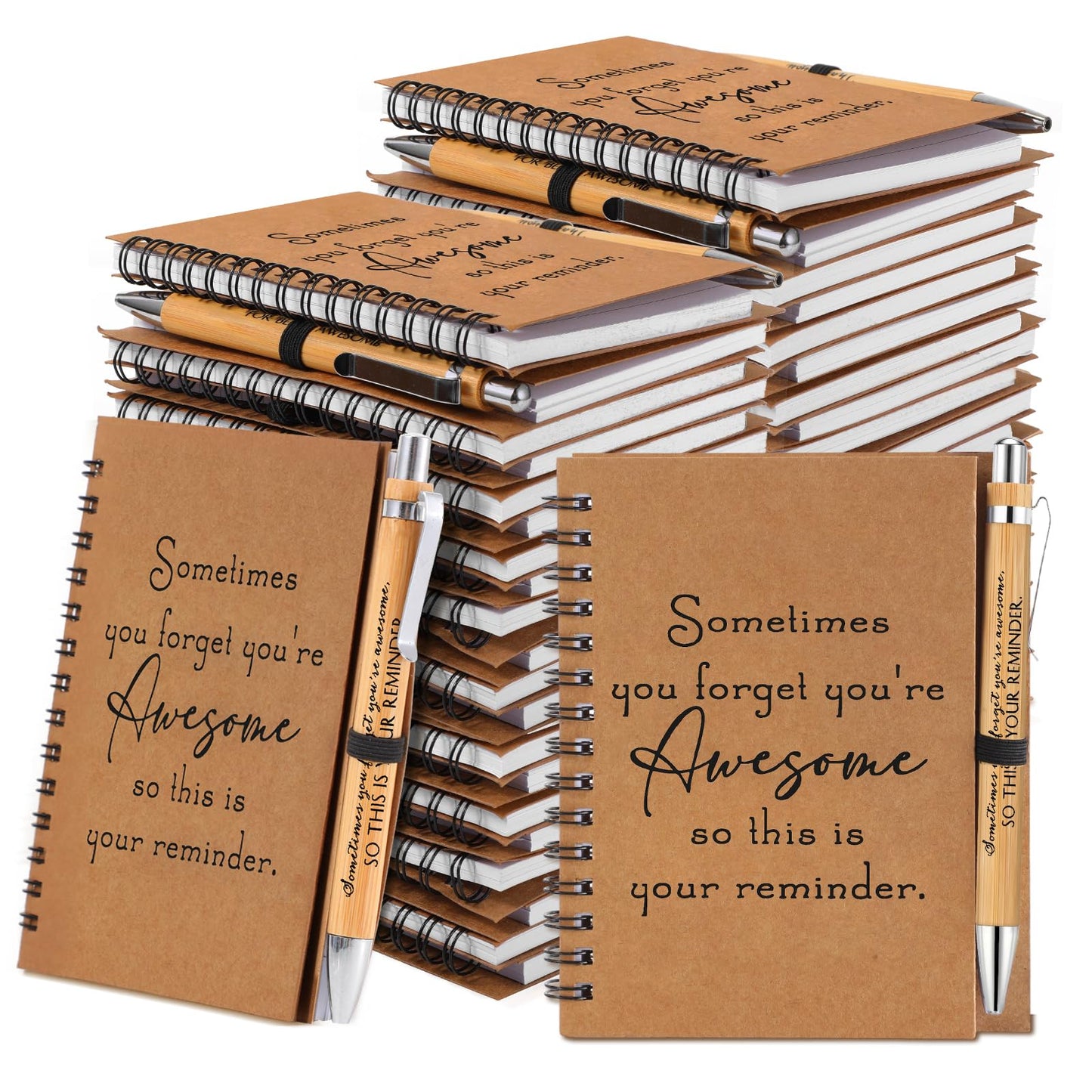 Honoson 50 Sets Spiral Notebooks Sets Teacher Thank You Gifts Inspirational Journals with Retractable Bamboo Pens Bulk Encouragement Notepad for Nurse Employee, Awesome Sign