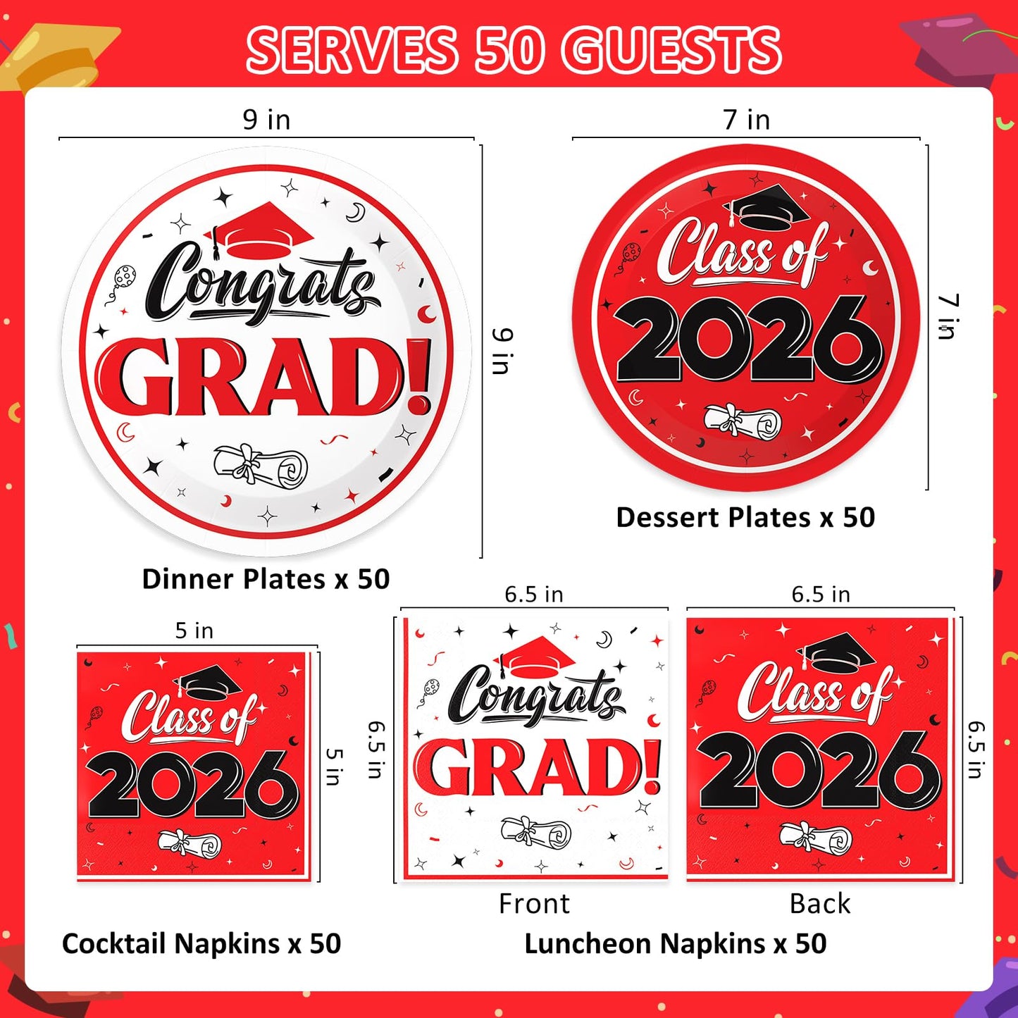 BAIVV Graduation Decorations 2026, 200 Pcs Class of 2026 Graduation Party Supplies Kit with Paper Plates, Luncheon and Cocktail Napkins, Congrats Grad Decorations for 50 Guests (Red)