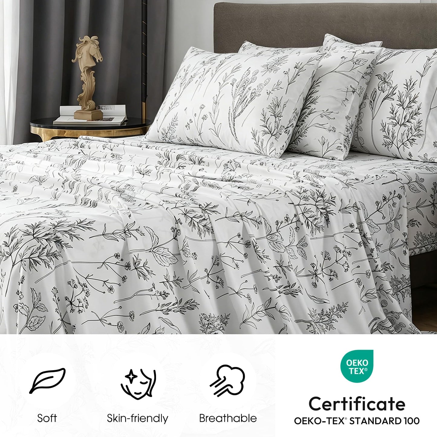 HYPREST 6 Piece King Size Sheets Set, Floral Sheets White and Black Patterned Sheets Deep Pocket up to 18 inches