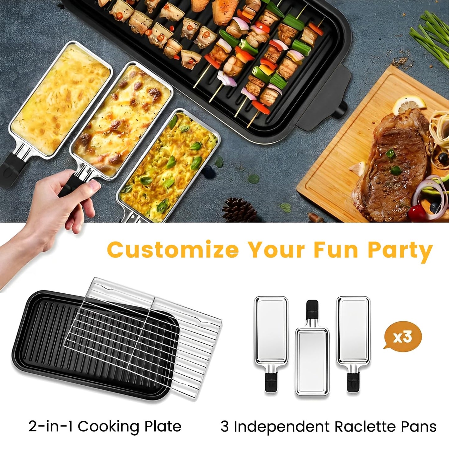 Electric Indoor Grill 1500W, YOHAWJAN 2 in 1 Smokeless Indoor Grills with Non-stick Removable Grill & Griddle Plate, Temperature Control, Portable Korean BBQ Grill with 3 Raclette Cheese Pans
