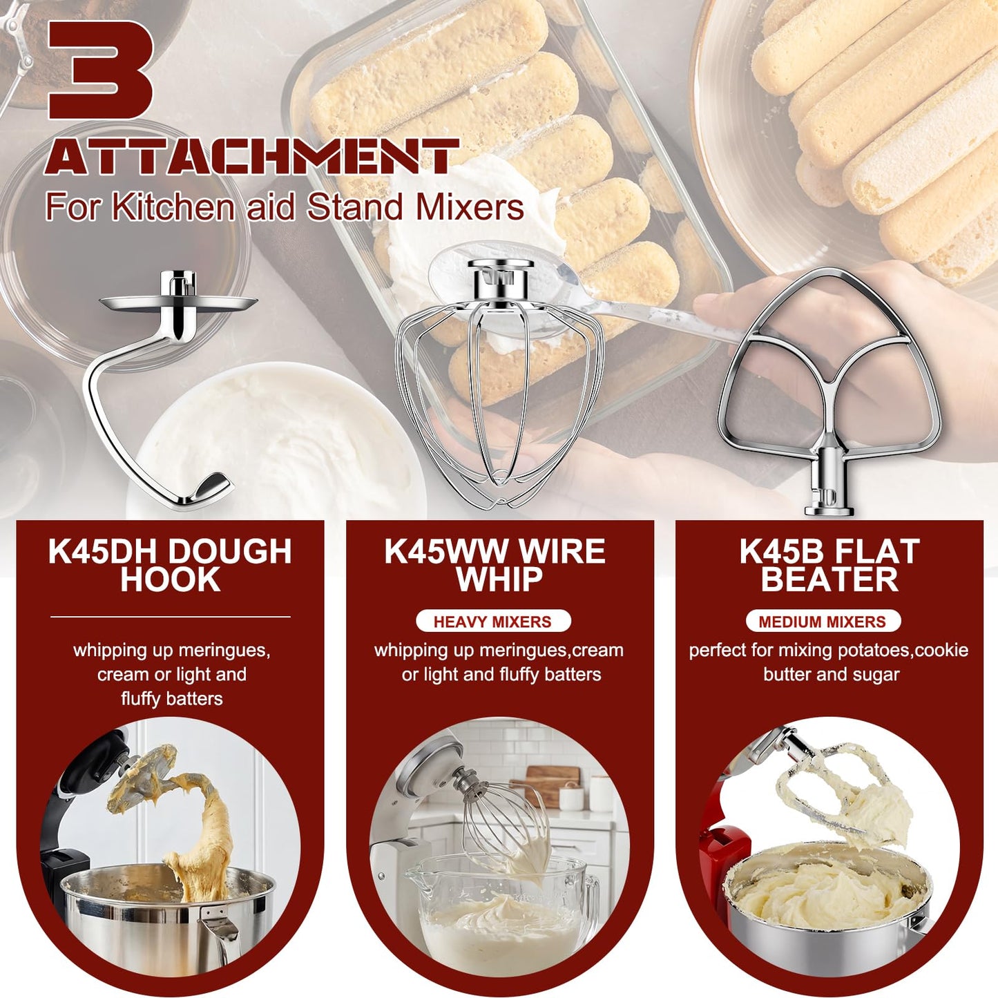 Stainless Steel Mixer Attachments for KitchenAid 4.5-5 Qt Tilt-Head Stand Mixer, Dishwasher Safe Set with Wire Whip, Dough Hook and Flat Beater, Heavy Duty Replacement Accessories for Baking