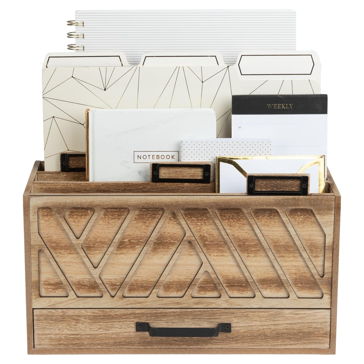BLU MONACO | Natural Wood Desktop Mail Organizer with Drawer | Three-Tier Mail Sorter with Black Label Holders | Countertop Mail Holder & Document Storage for Home or Office