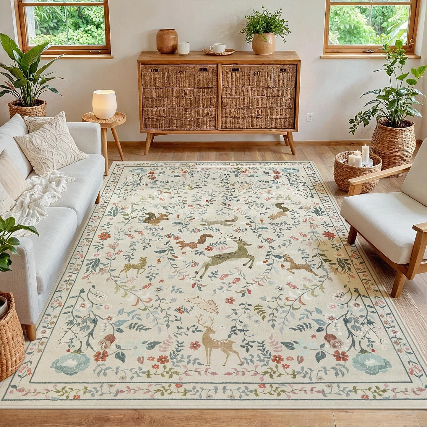 5x7 Area Rugs Washable Rug: Lagre Boho Living Room Rug Soft Non-Slip Thin Carpet Indoor Floor Non-Shedding Neutral Floral Carpets for Bedroom Dining Room Farmhouse Nursery Beige Animal