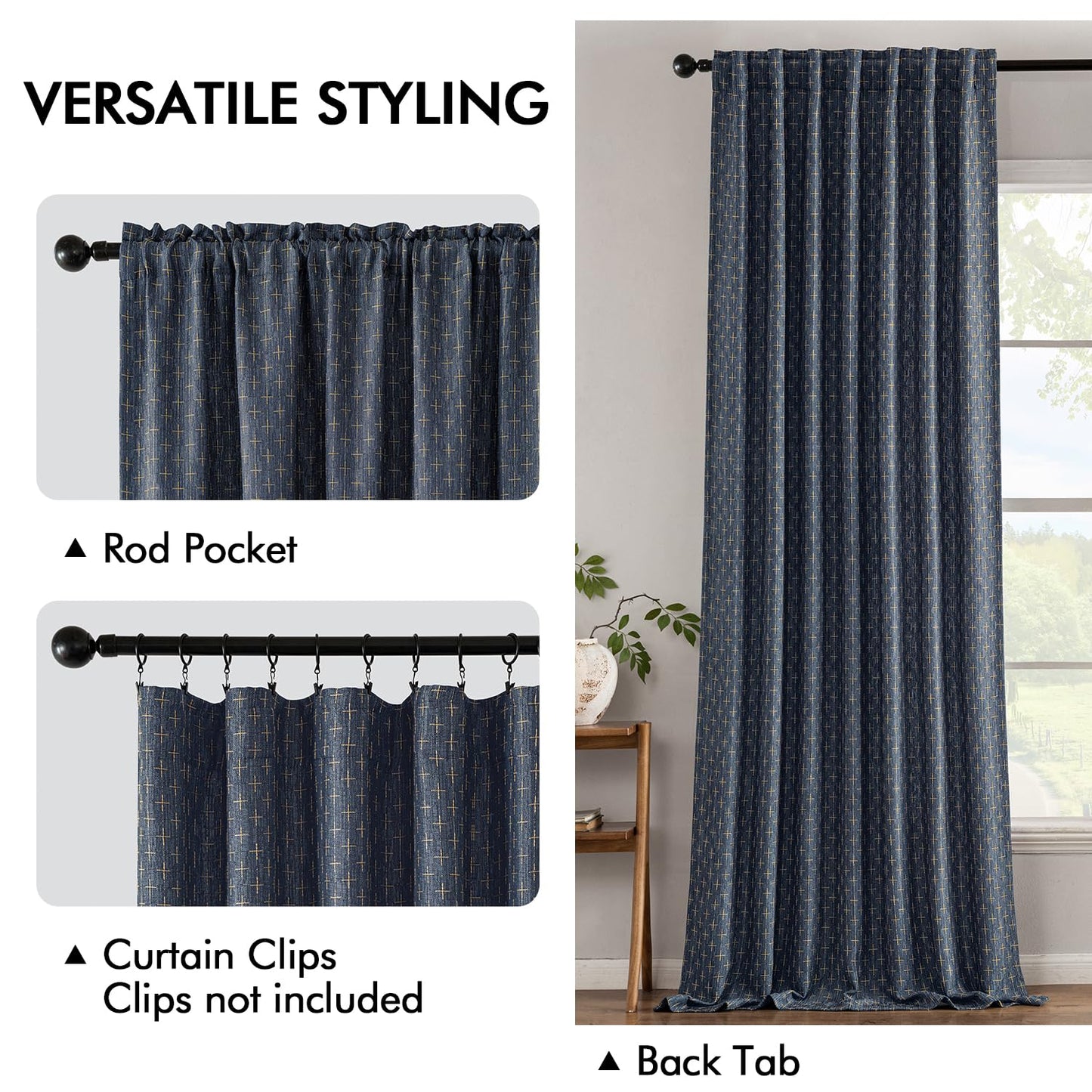 MIULEE Decorative Back Tab Linen Curtains with Geometric Pattern for Living Room Bedroom Farmhouse Rustic Thick Woven Textured Patterned Mudcloth Drapes 84 Inches Long 2 Panels Set, Blue