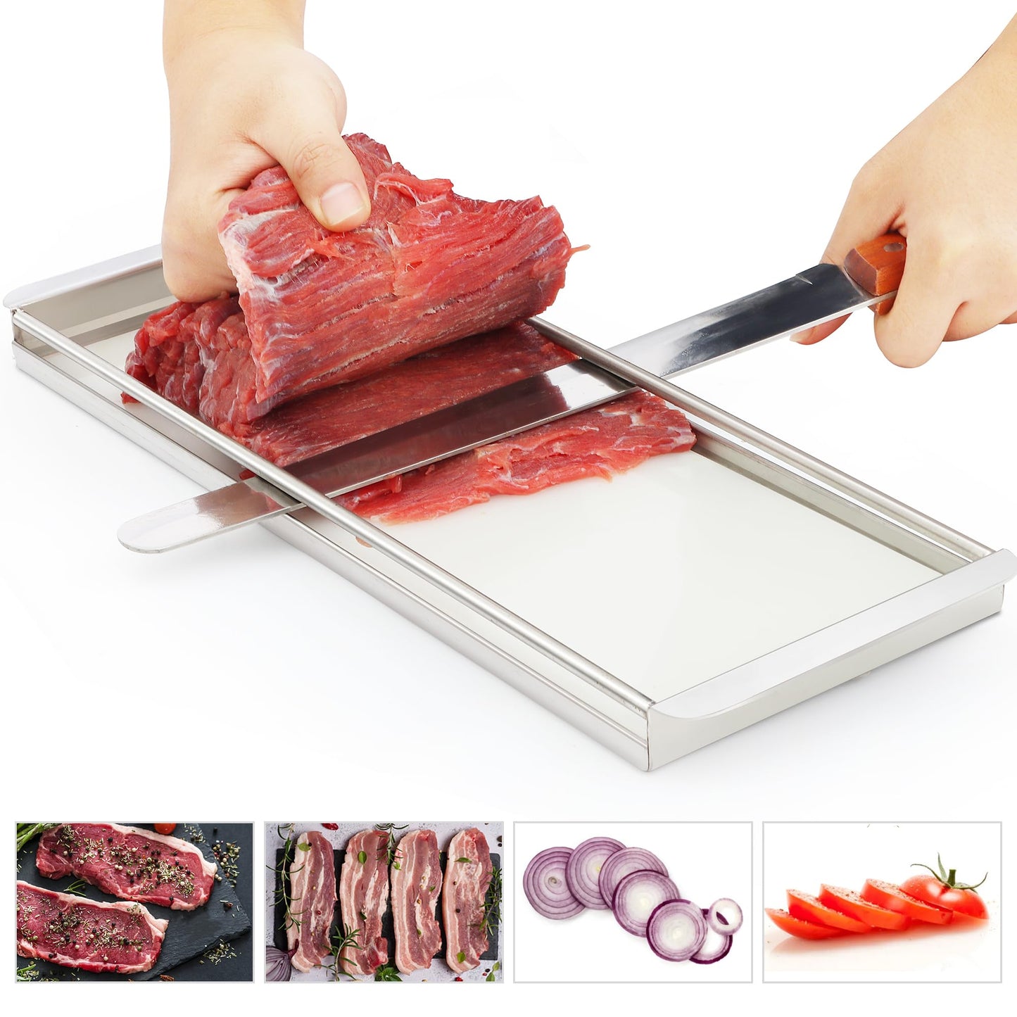 Beef Jerky Slicer Kit,Stainless Steel,Adjustable Thickness,Uniform Slices,Include Cutting Board & 14-Inch Slicing Knife,Thin Meat Slicer Kit for Chefs & Home Kitchens