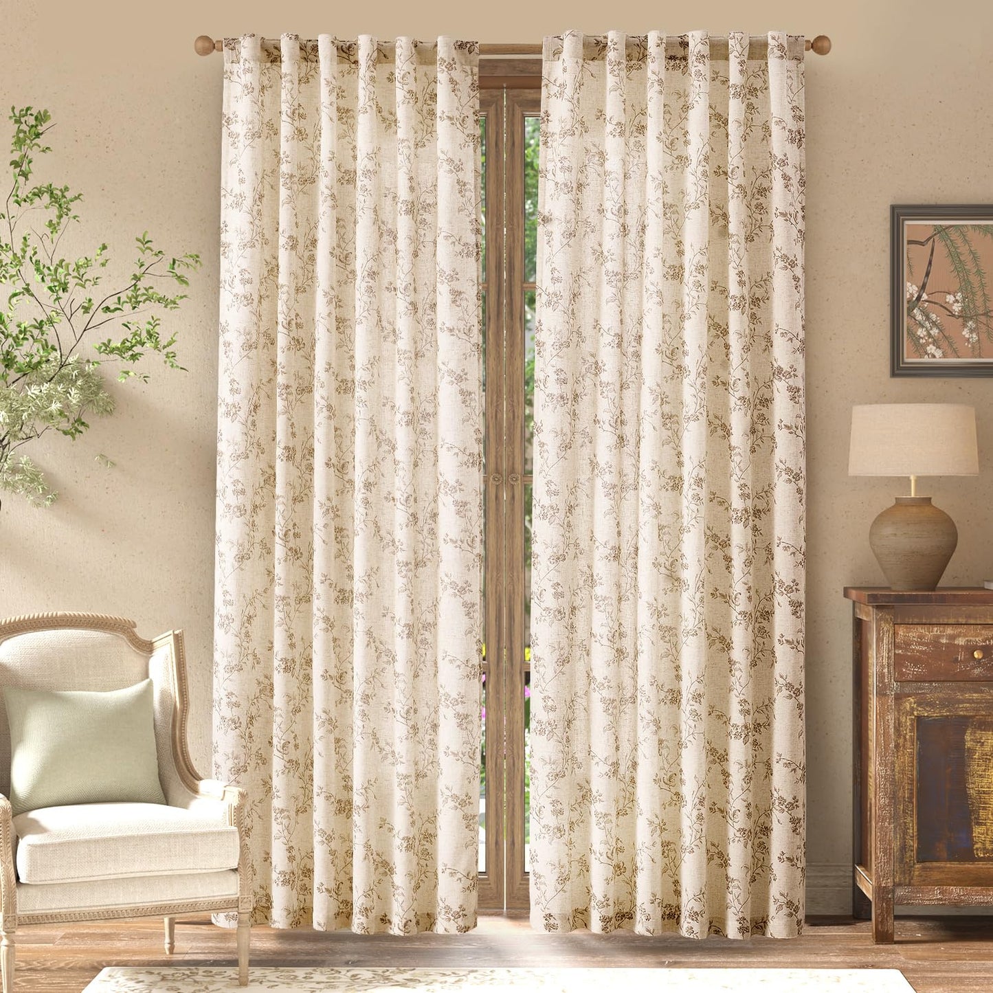 jinchan Linen Floral Curtains for Living Room 84 Inch Length Taupe Printed Curtains Back Tab French Country Farmhouse Flower Patterned Drapes Bedroom Window Curtain Set 2 Panels