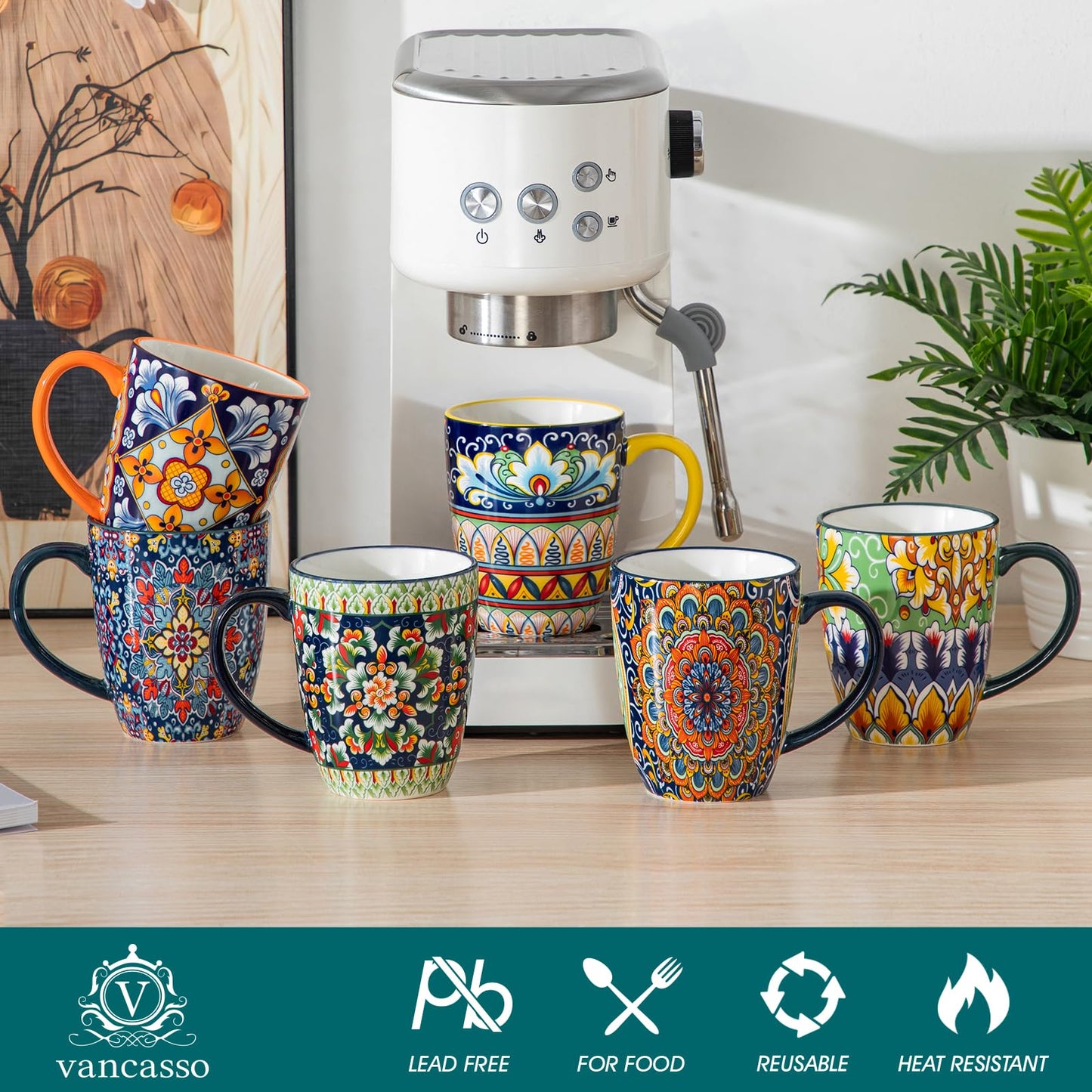 vancasso 12 oz Coffee Mugs Set of 6, Ceramic Mug with Handle, Boho Coffee Cups for Latte, Cappuccino & Hot Chocolate, Dishwasher & Microwave Safe Gift Set, Series SIMI