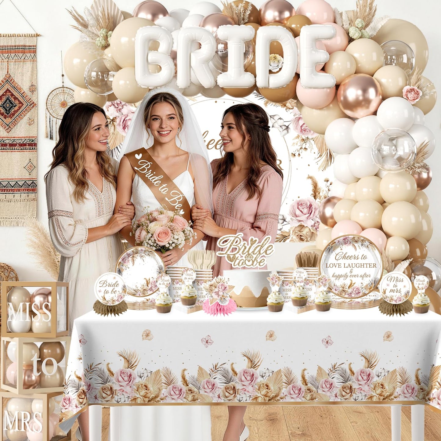cocomigo 301pcs Boho Bridal Shower Decorations Complete Party Set, Serves 25 Guests, Boho Wedding Engagement Theme Bridal Shower Decorations, includes Balloon Arch Box Tableware Veil Shoulder Straps