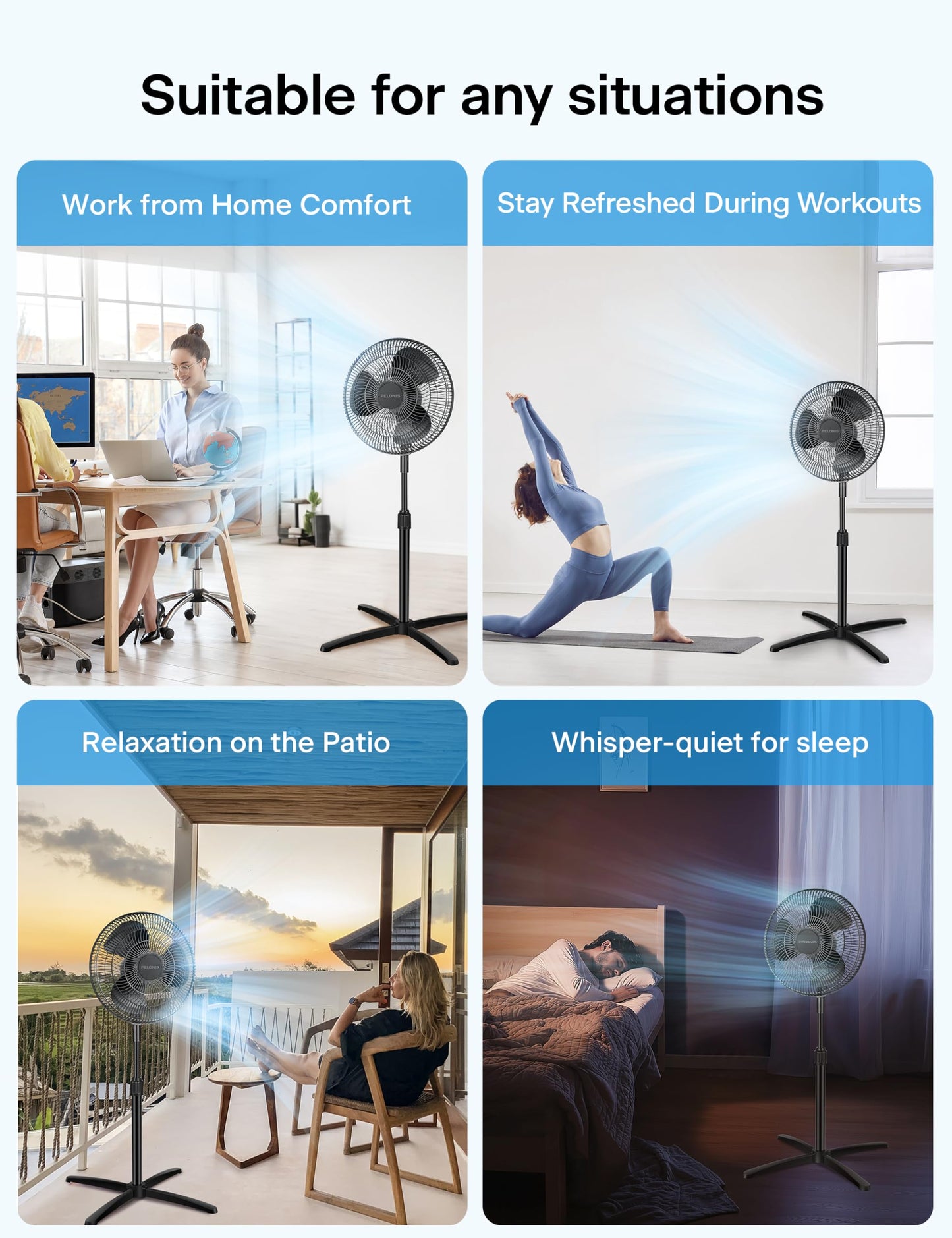 PELONIS 16 inch Pedestal Fan for Bedroom , Oscillating Fan, 3-Speeds, 90° Oscillation, Adjustable Height, Floor Fan, Standing Fan for Living Room, Kitchen, and Home office, Black