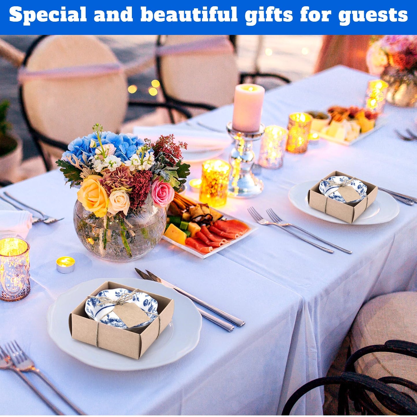 SiliFine 24 Pcs Wedding Favors for Guests Small Ceramic Bowl Bulk Gifts Set 3.3 Inch Floral Design Mini Dipping Sauce Dish with Card Box for Bridal Pooja Baby Shower Birthday (Flower,Blue)