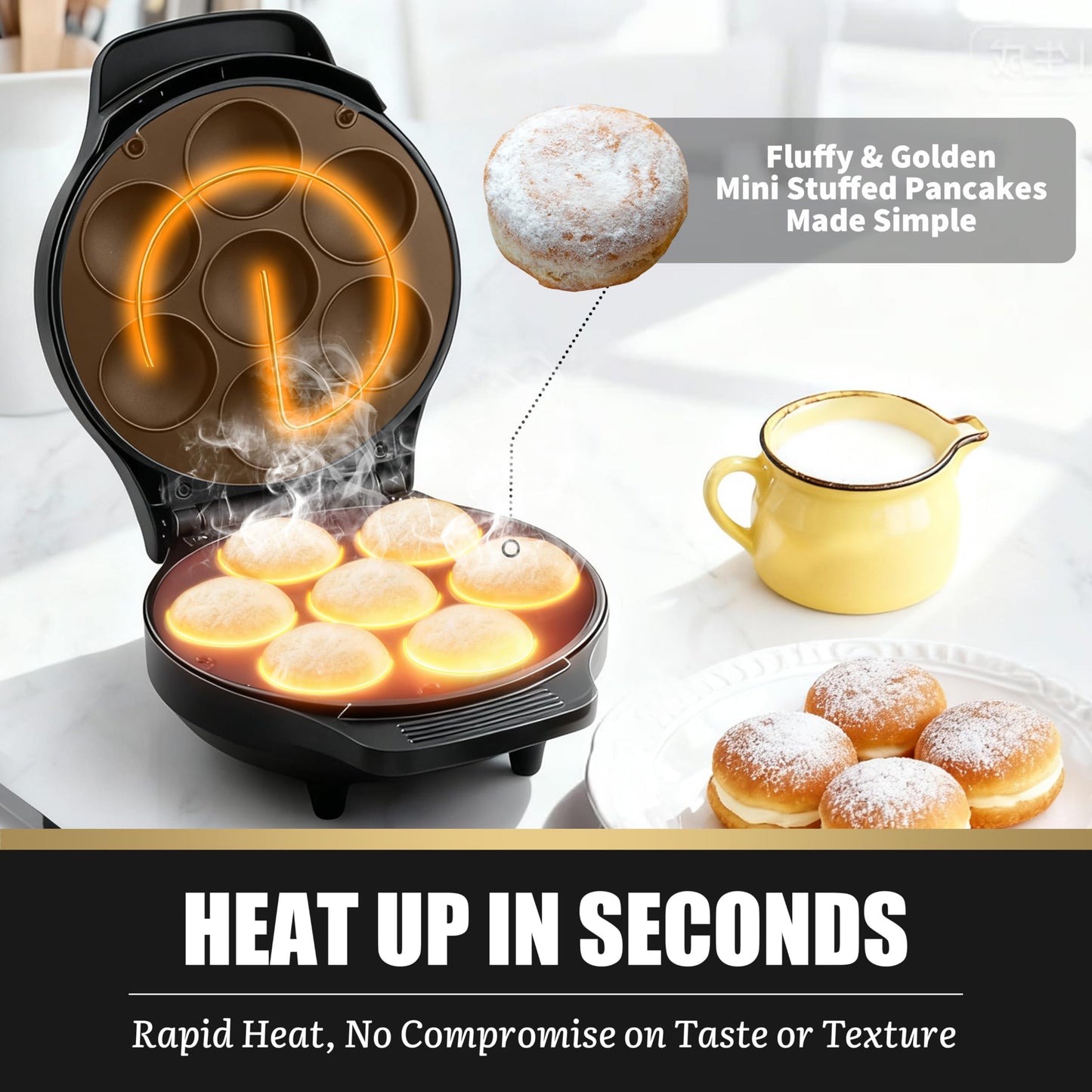 FineMade Mini Stuffed Pancakes Maker, Electric Ebleskiver Poffertjes Maker Pan, Danish Pancakes Maker, Cake Pop Maker, Bake 7x 2'' Ebelskivers without any Flipping operation