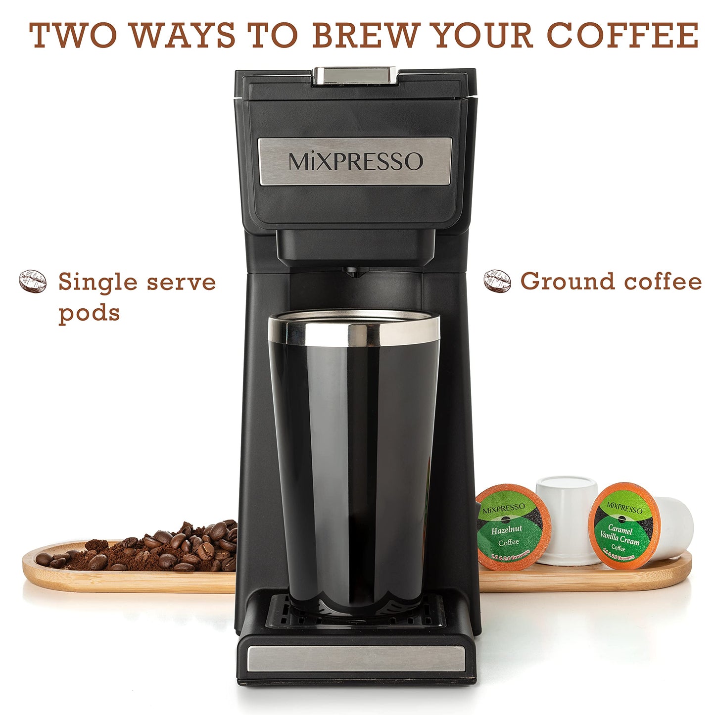 Mixpresso Coffee Maker Single Serve For Ground Coffee & Compatible With K Cup Pods, With 14oz Travel Mug & Reusable Filter For Home, Office & Camping.