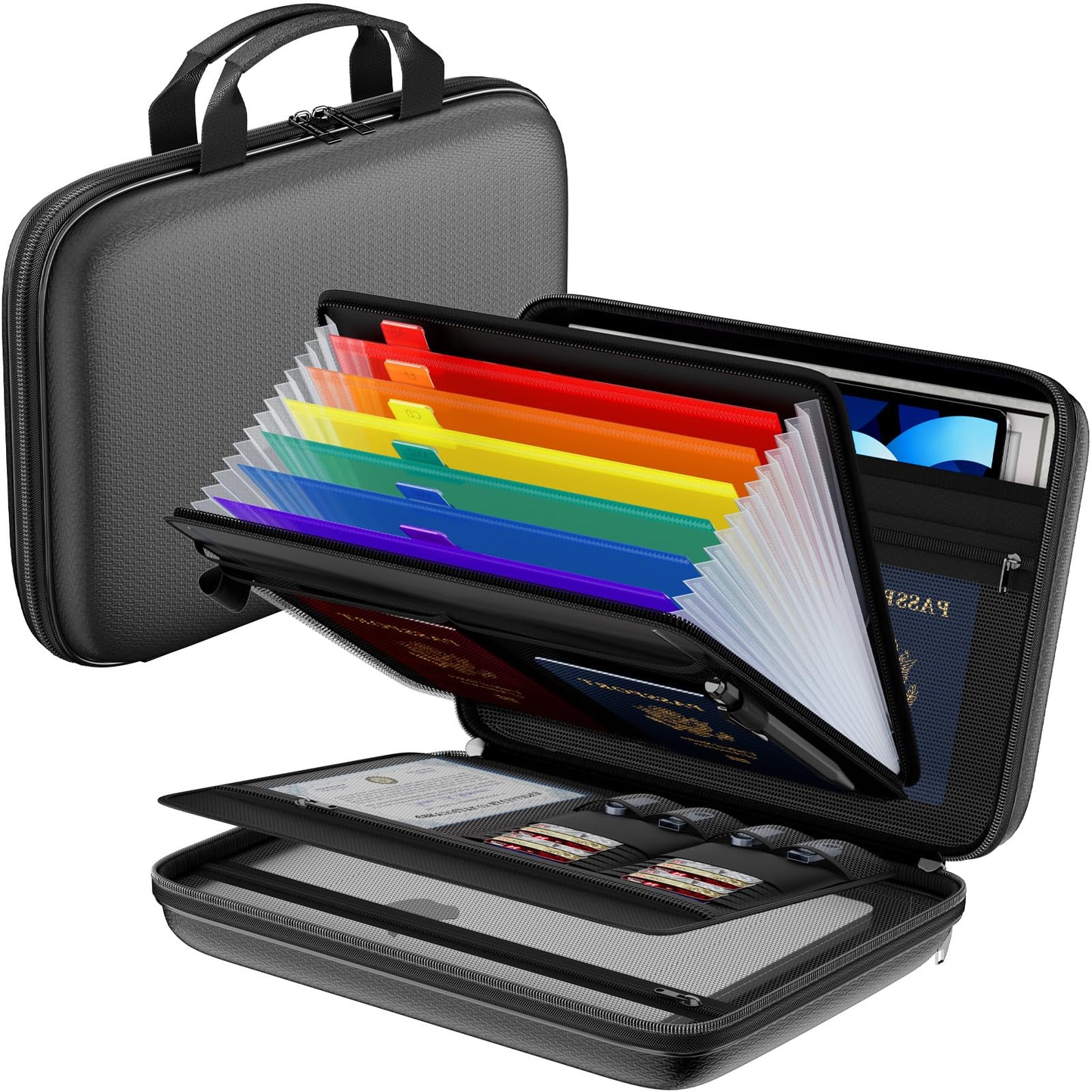 Tamfile Fireproof Document Box with Handle, Hard Case File Organizer with 7-Pocket Accordion Colour File Folder, Portable Safe Storage for Home Office Travel to Important Documents, Laptop, Black
