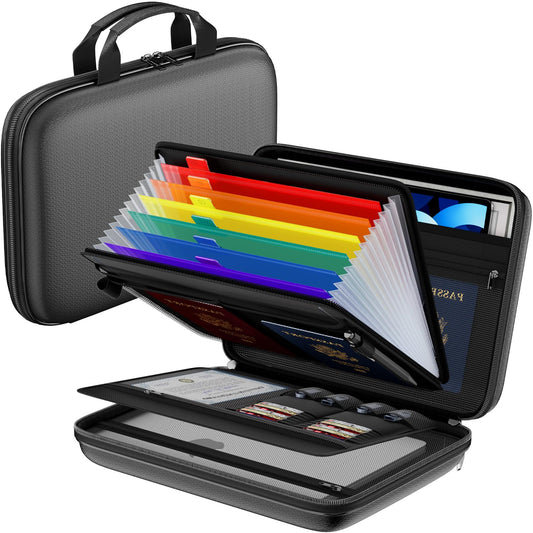 Tamfile Fireproof Document Box with Handle, Hard Case File Organizer with 7-Pocket Accordion Colour File Folder, Portable Safe Storage for Home Office Travel to Important Documents, Laptop, Black