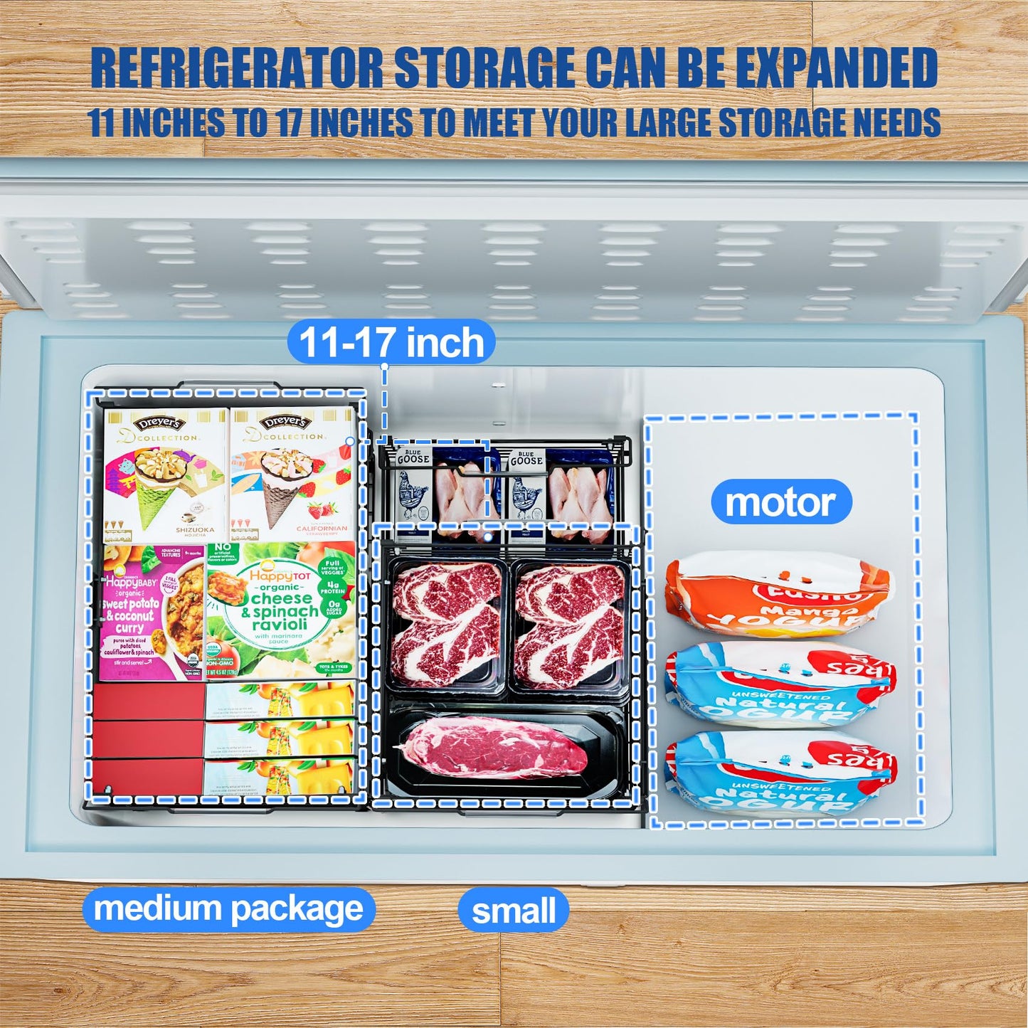 2Pcs Freezer Organizer Bins,11 to 17 inchs Large Scalable Stackable Freezer Storage Containers,Deep Freezer Organizer Bins Effectively Classify Food,Foldable Side Handles for Extra Storage Space