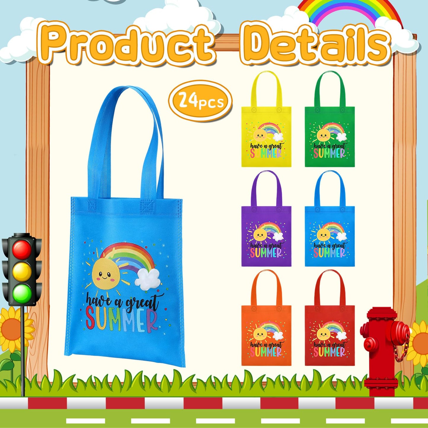Dansydaisy 24 Pcs End of the Year Gift Bags for Students Bulk Rainbow Non Woven Tote Bags Party Favor Bag with Handles for Sunday School Gift Teacher Appreciation Graduation Party Supplies (Summer)