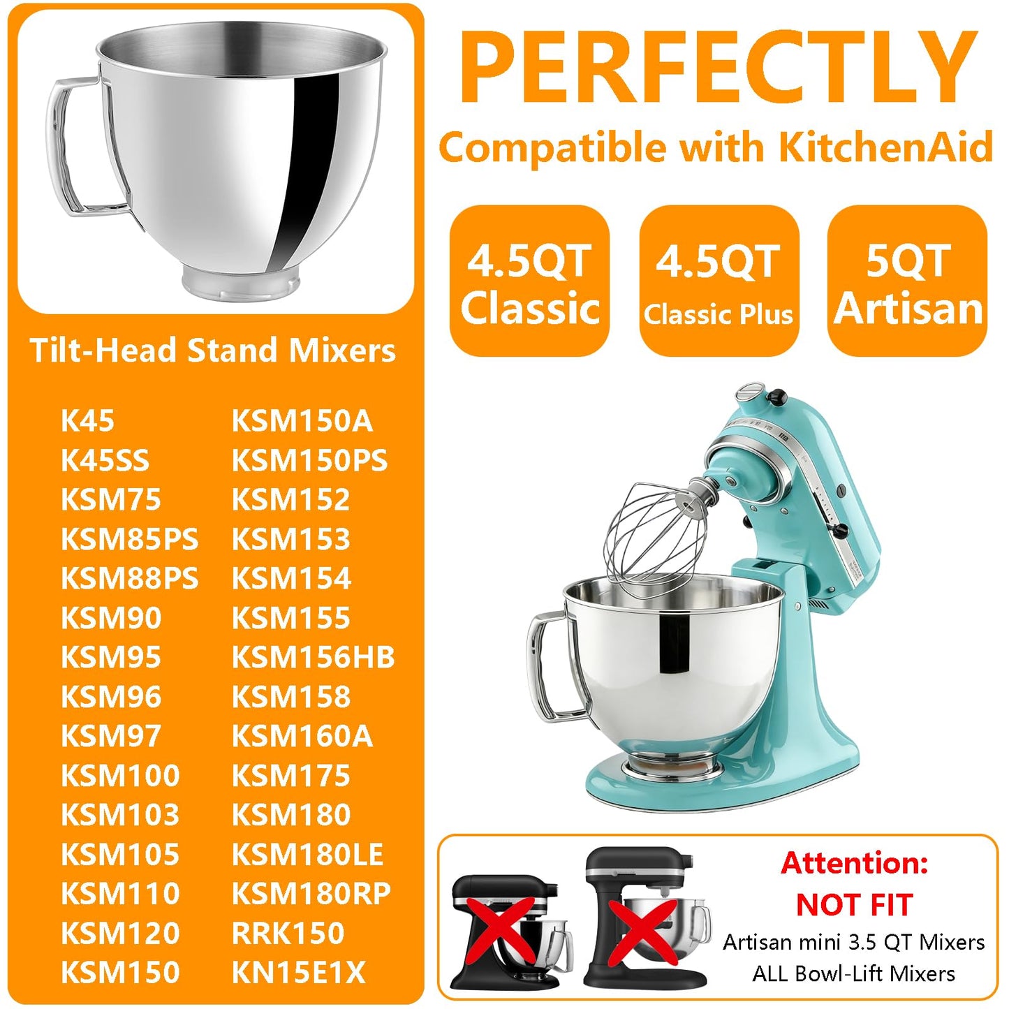 5QT Stainless Steel Mixer Bowls with Handle Fit for KitchenAid 4.5 & 5-Quart Tilt-Head Stand Mixers Replacement/Accessories Bowl for Mixer Dishwasher Safe Oven Safe Easy to Clean Polished