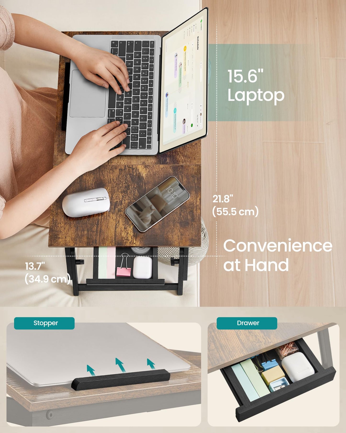 SONGMICS Bed Laptop Desk, Folding Bed Tray for Laptop up to 15.6 Inches, Adjustable Angle and Height, Portable for Working Reading Writing Breakfast, Bamboo Legs, Drawer, Rustic Brown ULLD105B01