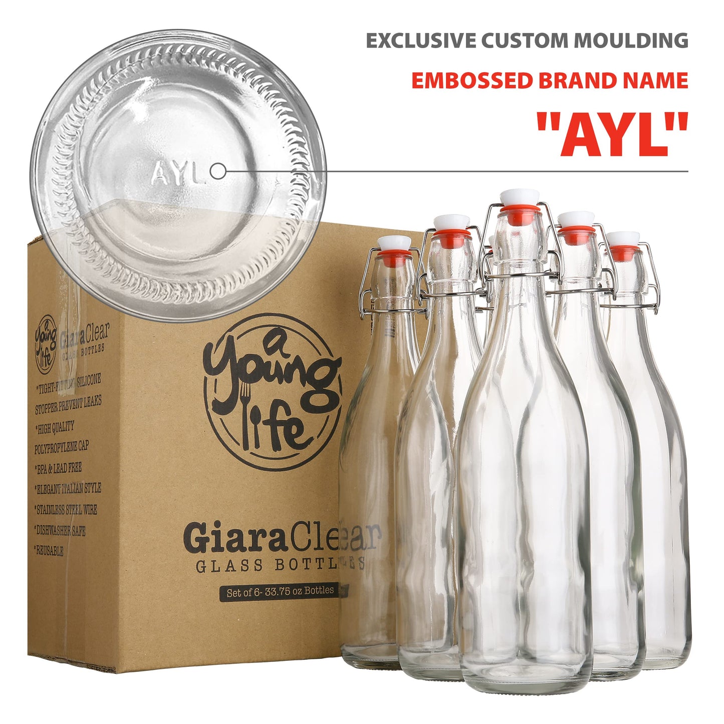AYL Flip Top Glass Bottle [1 Liter / 33 fl. oz.] [Pack of 4] – Swing Brewing Bottle with Stopper for Beverages, Oil, Vinegar, Kombucha, Water, Soda, Kefir – Airtight Lid & Leak Proof Cap – Clear