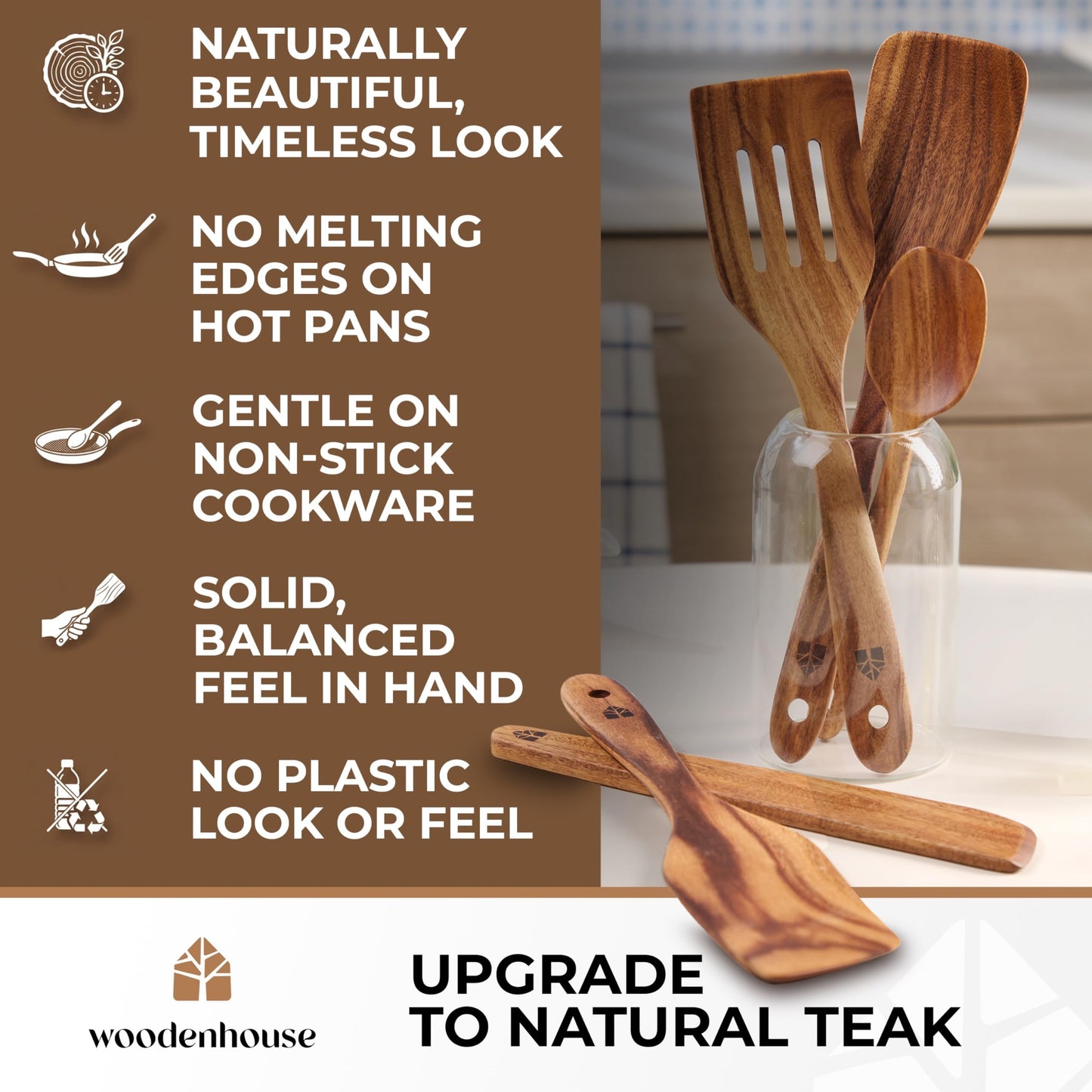 Wooden Spatula for Cooking - Non-Scratch, Sturdy, Natural Teak Cooking Utensils - Easy to Clean Wooden Spatula Set with Turner, Scraper, Slotted & Frying Wood Spatulas, Jar Scraper, Spoonula - 6 Pcs