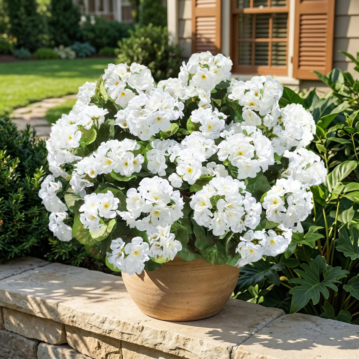 Fake Geraniums Artificial Flowers for Outdoors Outside, 6 Bundles White Silk Geraniums Fake Flowers Plants Realistic UV Resistant Faux Flowers for Outdoor Planters Garden Balcony Yard Porch Indoor