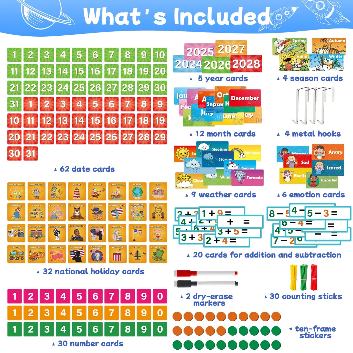 SkilLify Circle Time Calendar Pocket Chart for Classroom, Kids Learning Center with Weather Seasons Emotions & Math Activities, Addition Subtraction Manipulatives, Preschool Homeschool Supplies