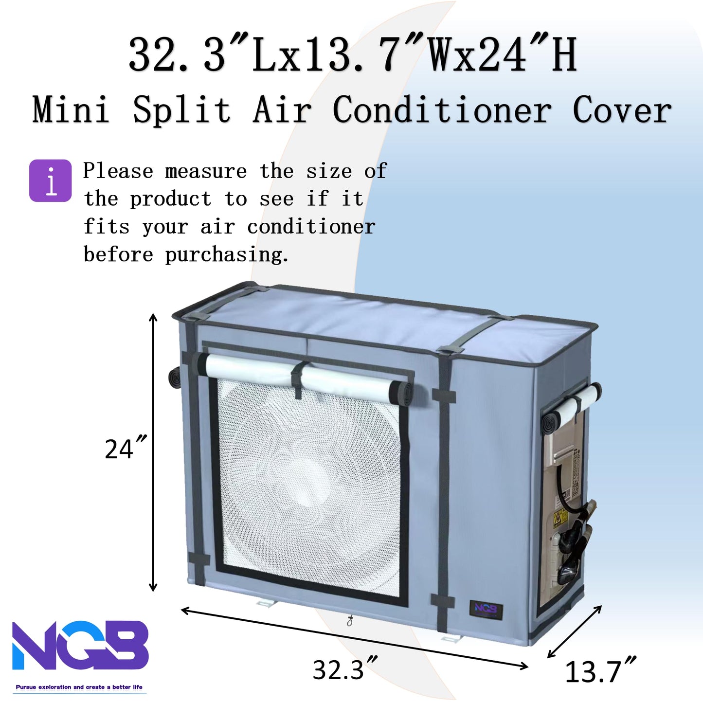 NGB Mini Split Cover for Air Conditioner Outdoor Units with 600D Waterproof Material, UV, Dust, Wind and Snow Resistant, Maximum Size 32.3Lx13.7Wx24H in, Can be Used While Running, Grey.