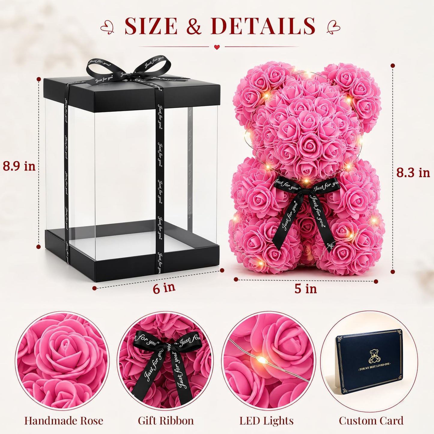Otlonpe Preserved Artificial Roses Flowers Bear, Forever Women Gifts for Birthday Christmas Valentines Mothers Day, 9'' Pink Rose Flower Small Bear Lamp in Box, Gifts for Women Mom Grandma Daughter