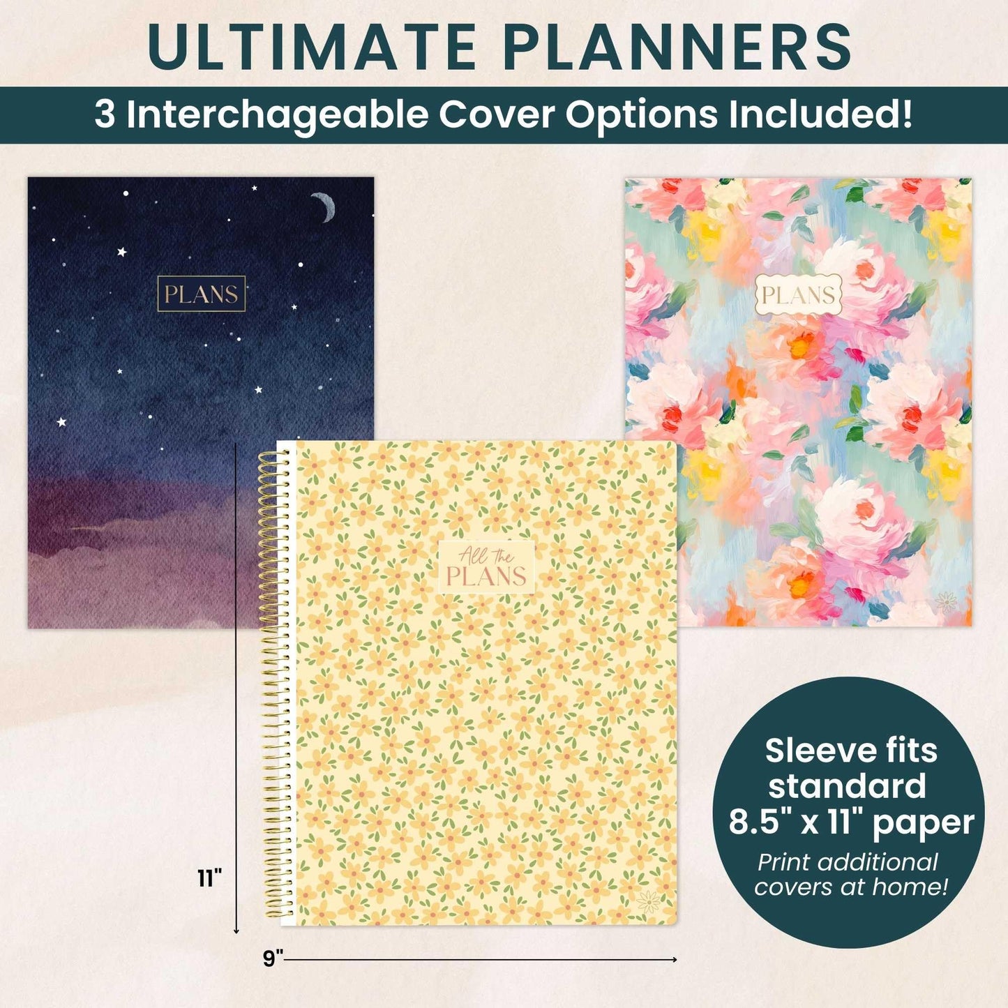 bloom daily planners All in One Ultimate Monthly & Weekly Undated Calendar Planner V2, Notebook, Sketch Book, Grid Pages, Coloring Book and More! 9" x 11" - Interchangeable Cover