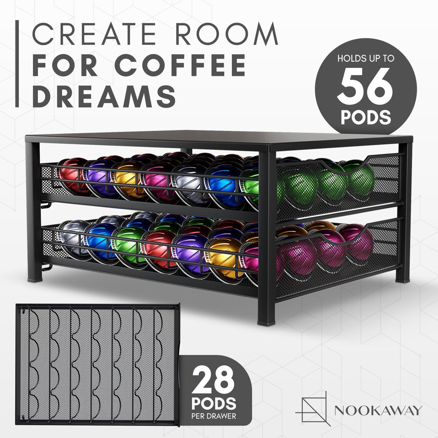 Nookaway Coffee Pod Holders Drawer - 2 Tier K-Cup Holder Drawer with 56 Pod Cap, Kcup Storage Nonslip Rubber Mat - Dual Sliding K Cup Organizer for Countertop, Nespresso Pods Holder for Home Office