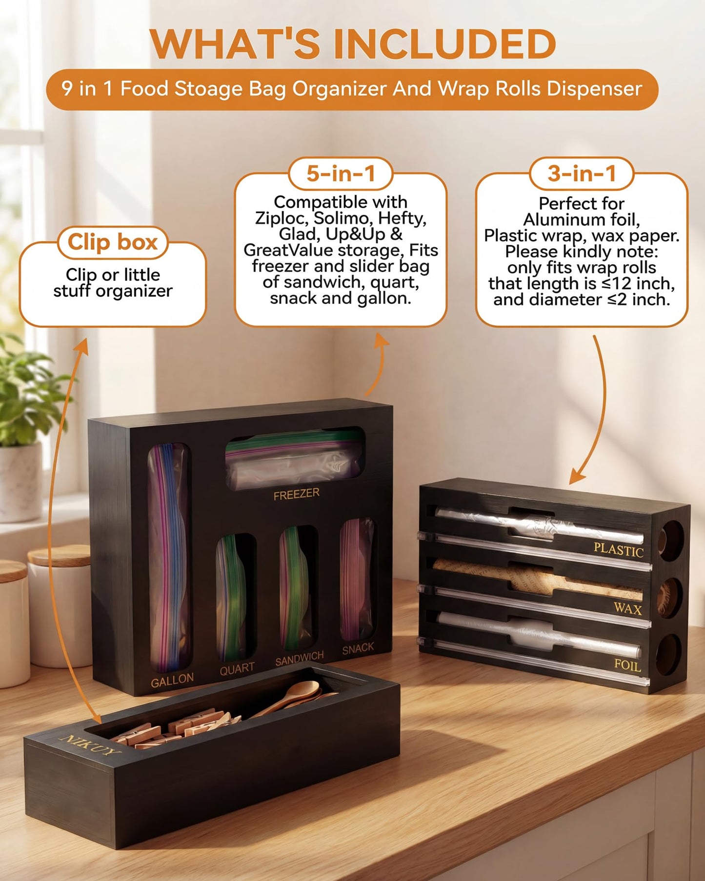 NIKUY 9 IN 1 Bamboo Foil and Plastic Wrap Organizer for Kitchen Drawer, Plastic Bag Organizer Organization and Storage, Food Storage Bag Organizer (BLACK)