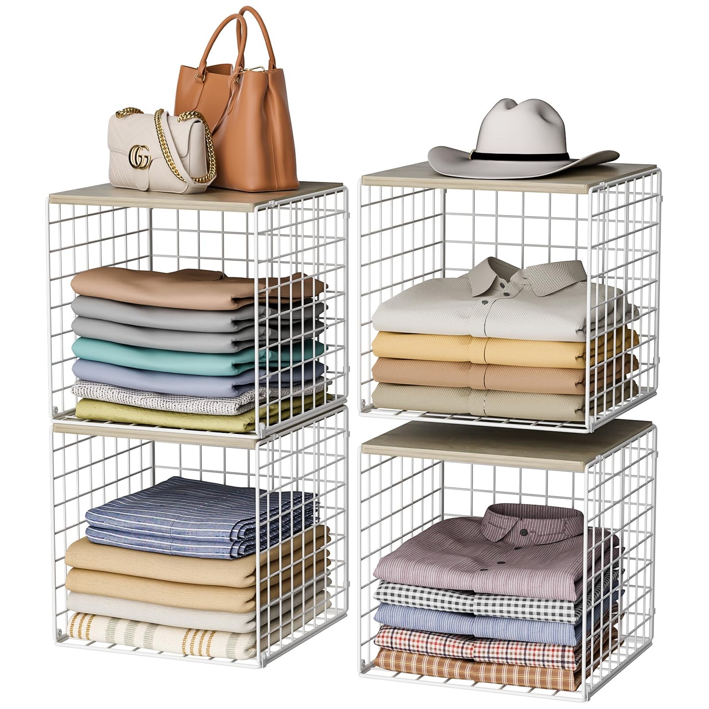 Hencawima 4 Pack Closet Organizers and Storage with Wood Top, Stackable Closet Shelf Organizer, Double Storage Design, Clothes Storage Basket/Cube Organizer for Wardrobe, Sturdy, White