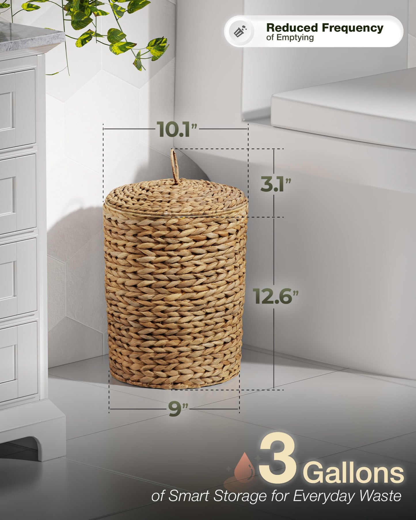 BLUEWEST 3 Gallons Wicker Bathroom Trash Can with Lid, Handwoven Rattan Wastebasket with Removable Plastic Inner Bin, Decorative Waste Basket for Bedroom, Office, or Kitchen