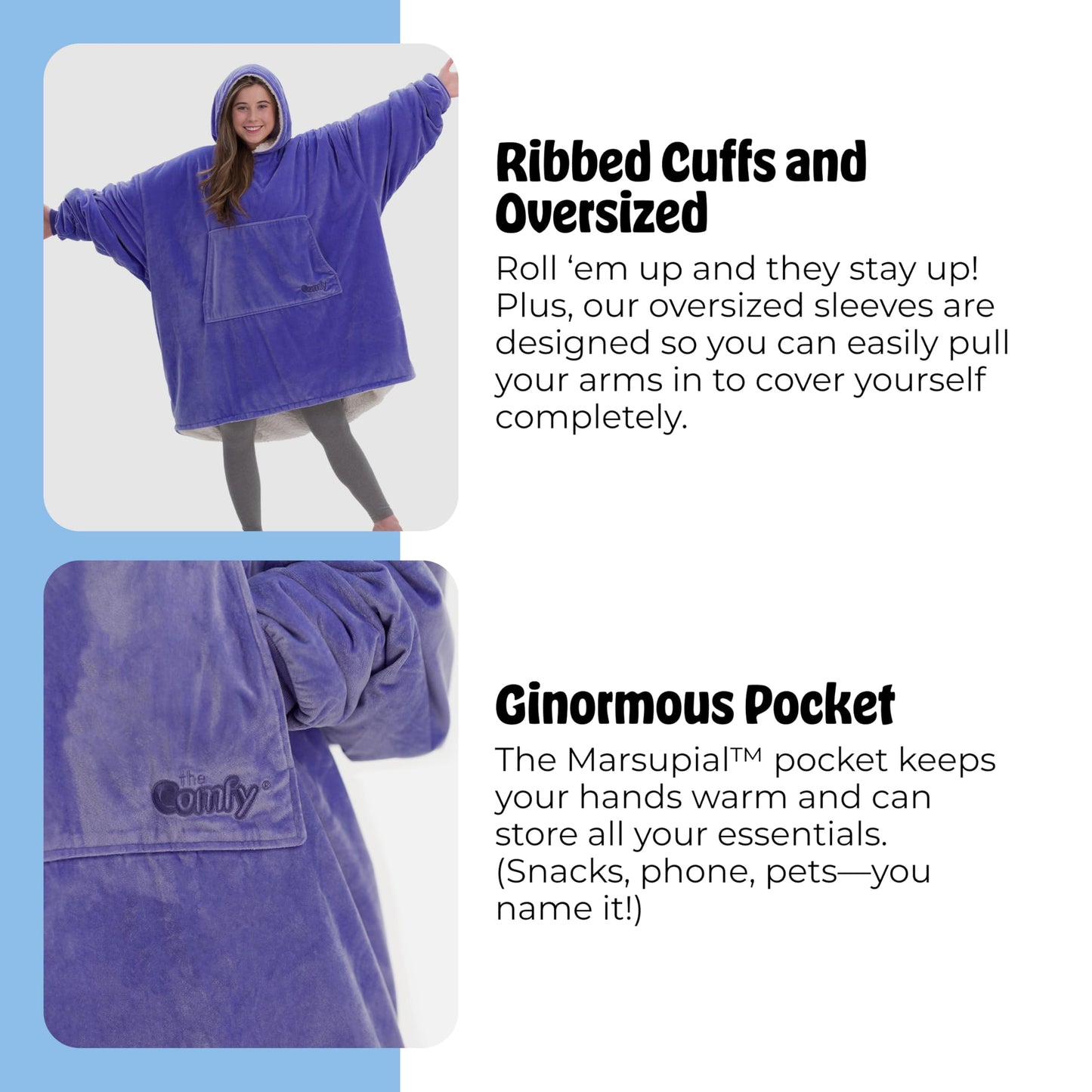 THE COMFY Original | Sherpa Lined Microfiber Fleece Wearable Blanket, Oversized Design with Hood and Pocket, From Shark Tank, for Women & Men, Warm and Cozy Gifts
