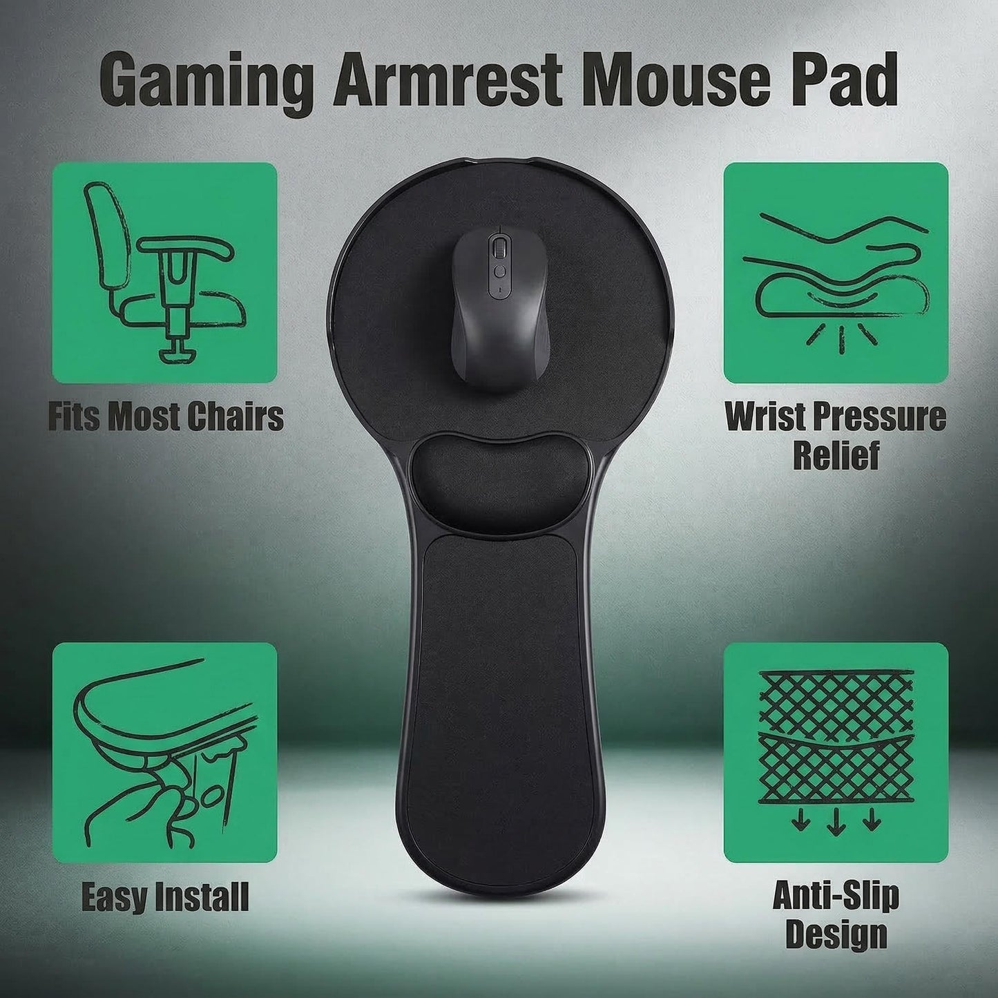 Pxoerzy Ergonomic Adjustable Chair Arm Rest Mouse Pad with Wrist Cushion,Mouse Extension Platform Tray with Anti-Fall Baffle, Chair Attachment Arm Support with Straps (Black)