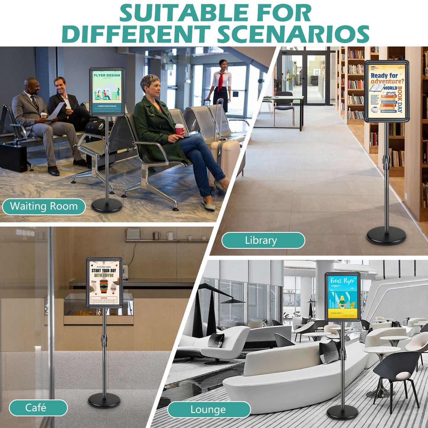 Sign Holder Stand with Rounded Safety Corners, Adjustable 31" to 52" Sign Stand Heavy Duty Floor Standing Poster Holder, Water/Sand Fillable Base for Storefront & Indoor Use, Anti-Glare Display for Signs (Black, 8.5*11 - 1 Pack)