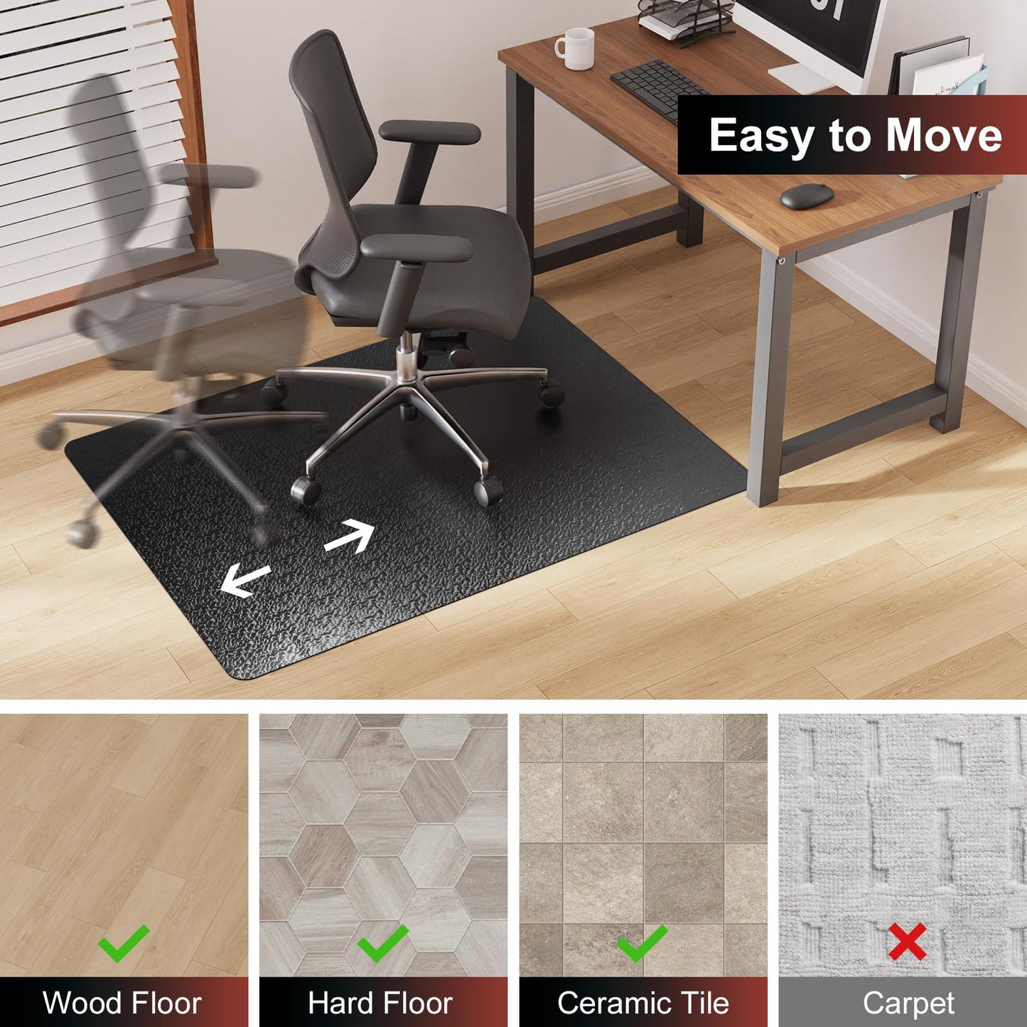 Mymeely Office Chair Mat for Hardwood Floor, 50"x60" Large Black PVC Computer Desk Chair Mat with Unique Pattern for Gaming, Anti-Slip Floor Protector for Home Office, Rolling Chair