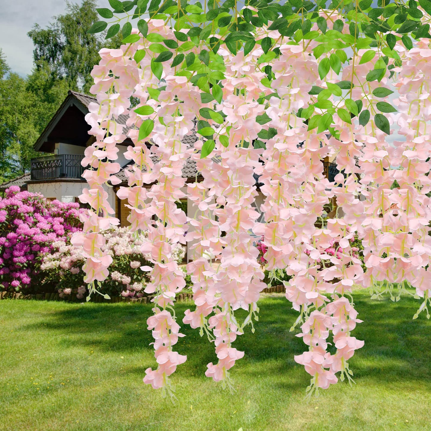 U'Artlines 24 Pack(Total 43.2 Feet) Artificial Fake Wisteria Vine Rattan Hanging Garland Silk Flowers String Home Party Wedding Decor (24, Light Pink)