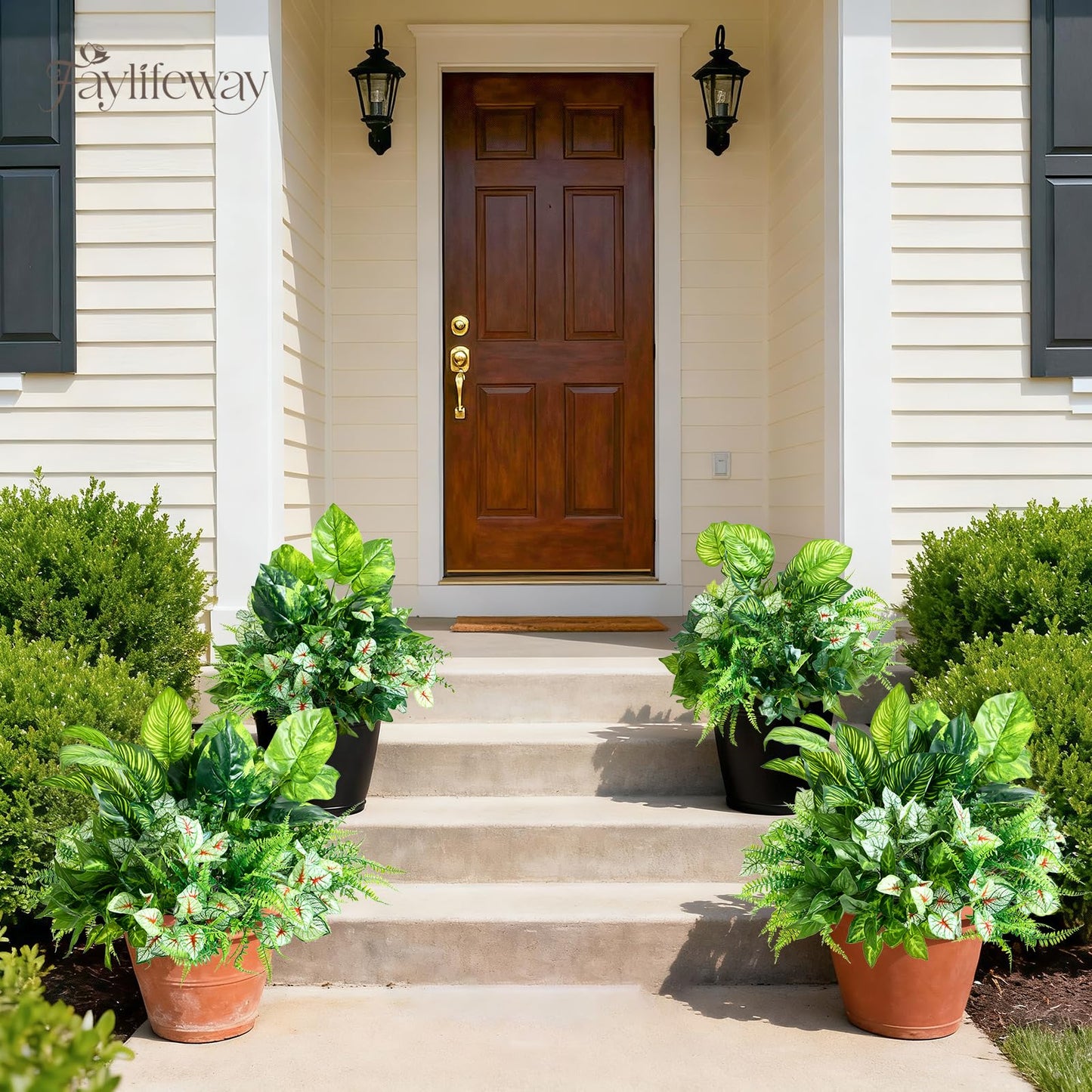 Faylifeway 12 Bundles Artificial Plants Outdoor,UV Resistant Fake Greenery Stems with Large Shrubs Faux Plastic Plant for Outside Front Porch Planters Garden Window Box Patio Decor(Pot Not Included)