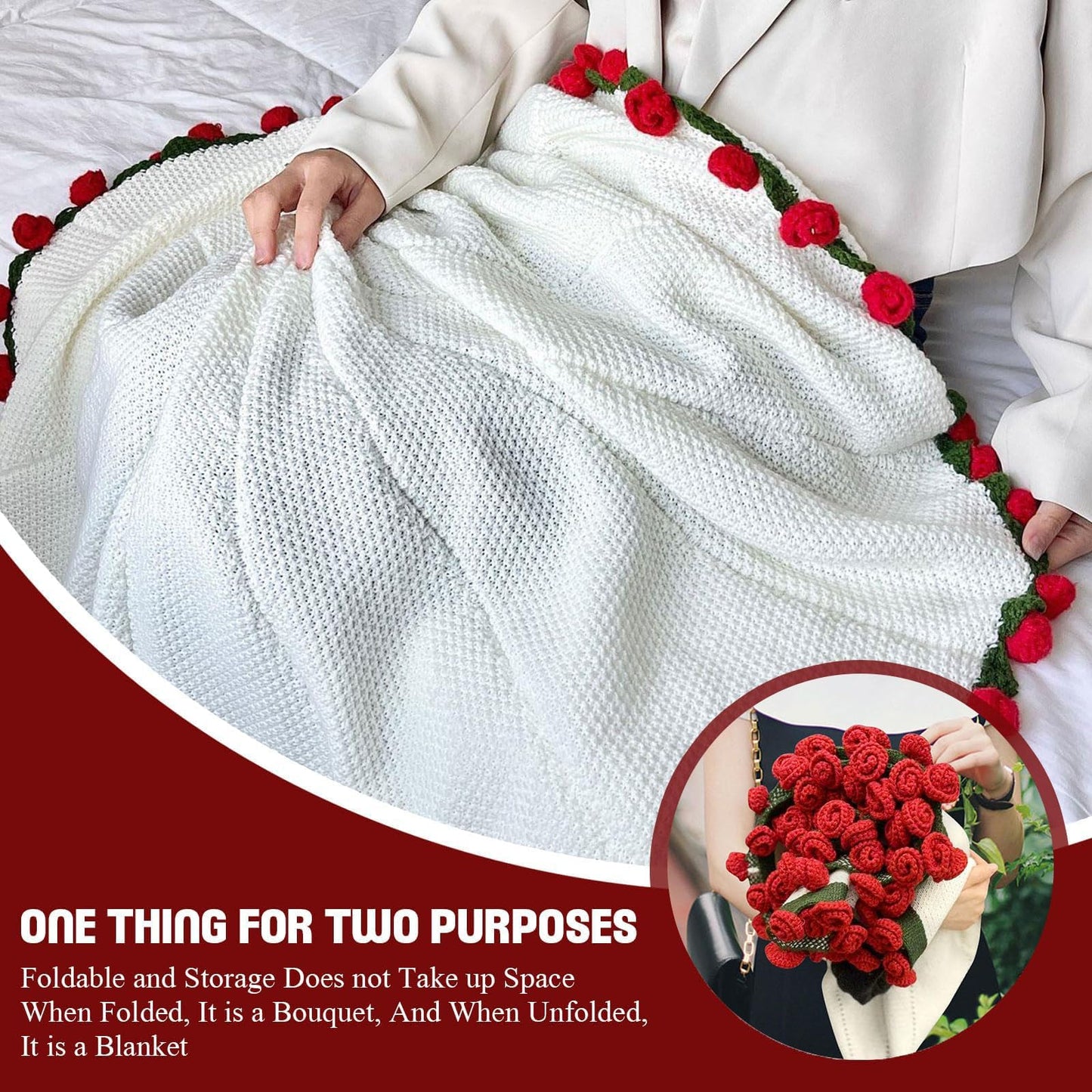 Nenkarn Crochet Flower Bouquet Blanket Handmade Rose Throw 40 Inch Soft Knitted All Season Home Decor Gift Christmas Birthday