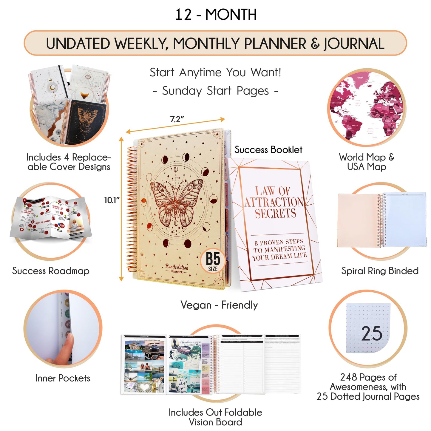 Manifestation Journal – Hourly, Weekly & Monthly Planner | 12-Month to Increase Productivity, Life Organizer & Goal Planner | Spiral Journal, Habit Tracker, Foldable Vision Board, Gift Box & Stickers