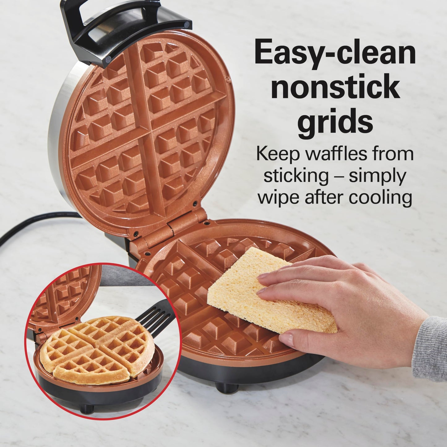 Hamilton Beach Belgian Waffle Maker with PFAS-Free Non-Stick Ceramic-Coated Plates, Browning Control, Indicator Lights, Stainless Steel (26081)