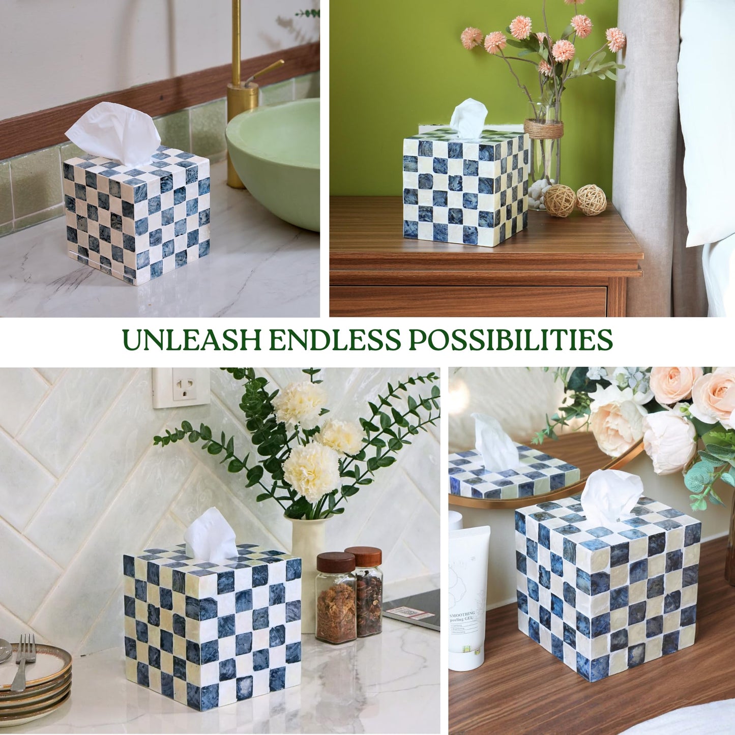CHI AN HOME 5.7" Square Tissue Box Cover, Handmade Checkered Cube Tissue Box Cover with Capiz Shells, Decorative Mother of Pearl Tissue Holder for Living Room, Bathroom, Bedroom or Office (Navy Blue)