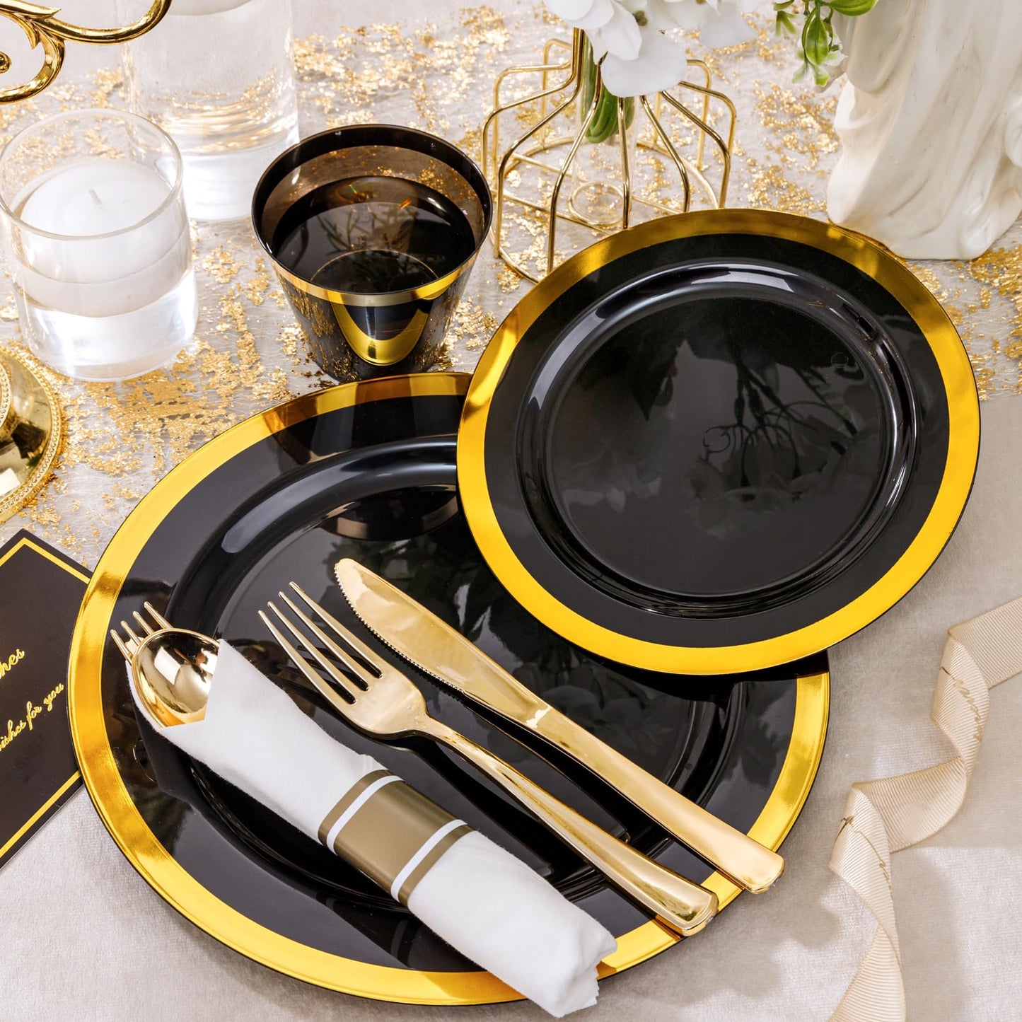 YOUBET 350PCS Black and Gold Plastic Plates - Gold Disposable Dinnerware Sets for 50 Guests - 100 Plastic Plates, 150 Gold Silverware, 50 Cups, 50 Pre Rolled Napkins for Party & Wedding Graduation