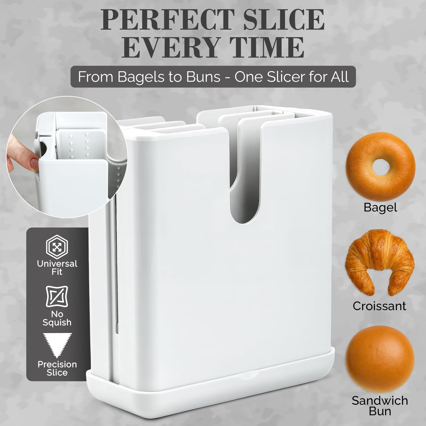 BonBagel Bagel Cutter Slicer – Precision Bagel Slicer with Auto-Center Holder – Compact 7-Inch Space-Saving Design for Even Cutting Large and Small Bread at Home or Café Kitchen-White – 2nd GENERATION